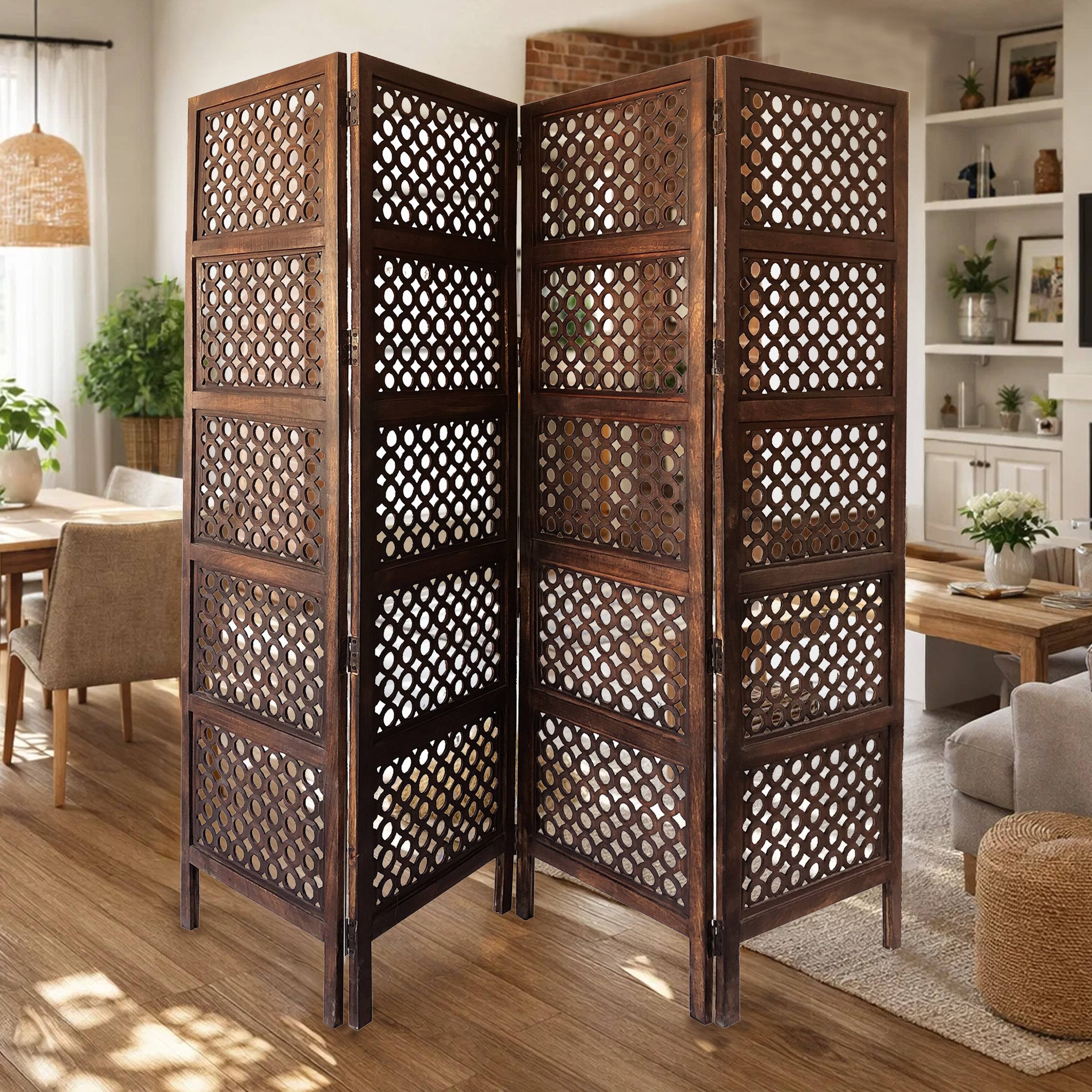 Alt View 2. Manhattan Lane - Decorative Four Panel Mango Wood Hinged Room Divider with Circular Cutout Design - Brown.