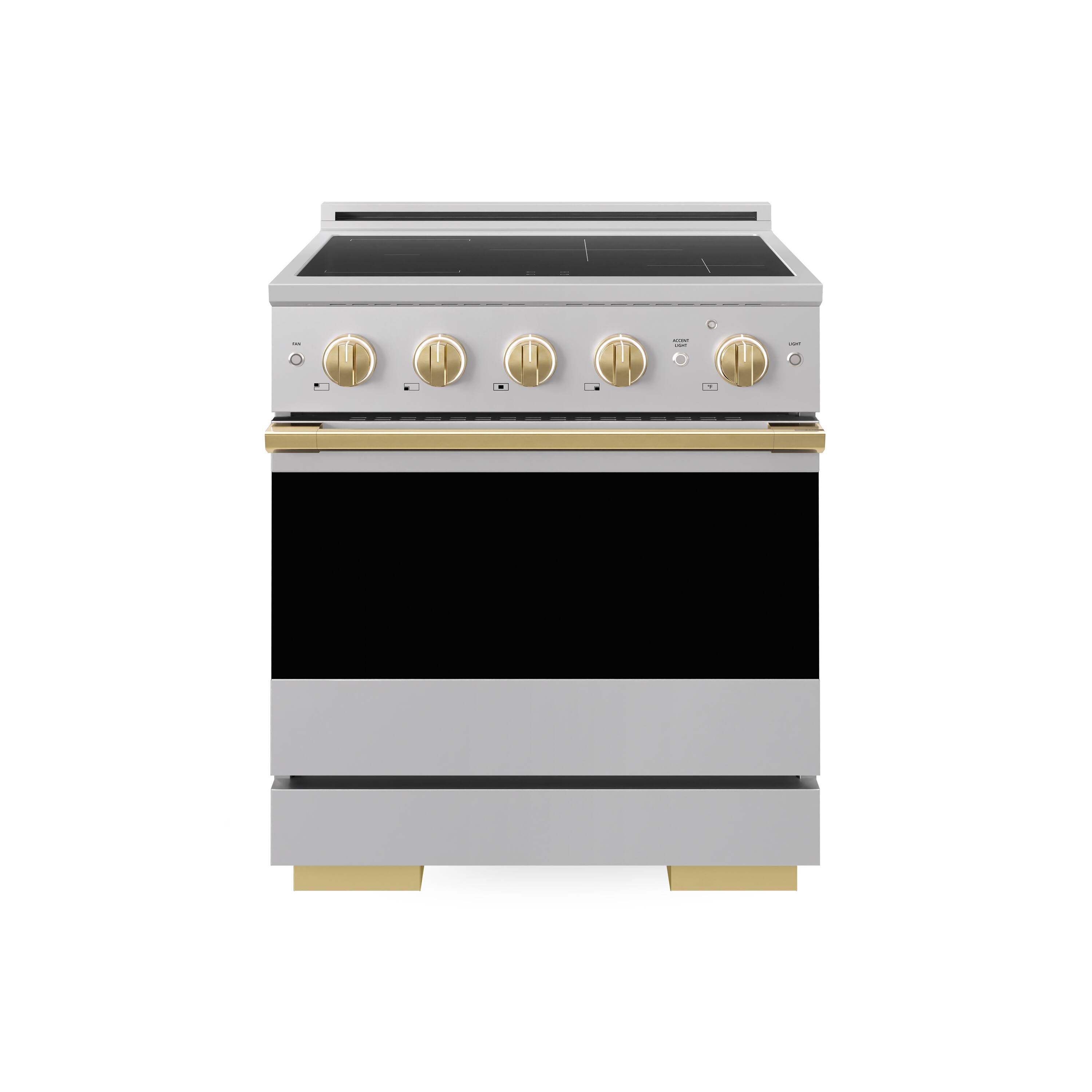 Front. ZLINE - Autograph 30 in. 4.2 cu. ft. Marino Freestanding Induction Range with 4 Burners and Convection Oven w/ Gold Accents - Stainless Steel.
