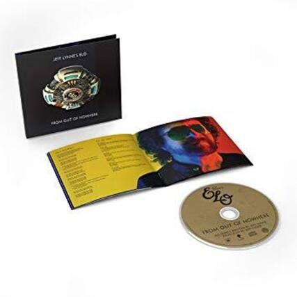 Sure, here is the corrected and grouped text from the image:
**Box Cover:**
- JEFF LYNN'S ELO
- FROM OUT OF NOWHERE
**CD:**
- ELO
- FROM OUT OF NOWHERE
**Booklet:**
- (Text is too small to read clearly, but it appears to be track listings and credits)