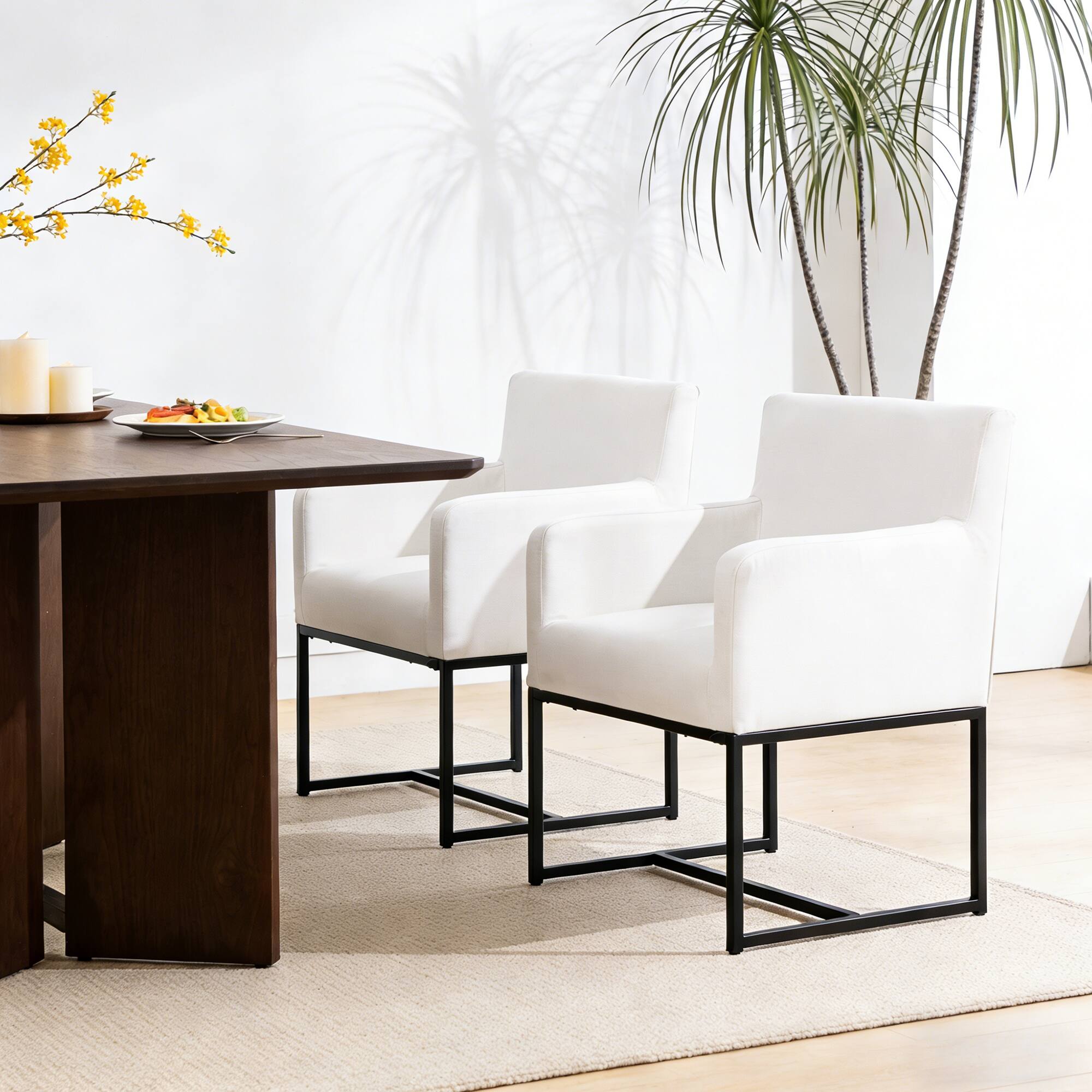 Alt View 3. KERDOM - Linen Padded Dining Chairs with Arms Set of 2, Restaurant Armchairs, Reading Accent Chair, Upholstered Kitchen Chair - White.