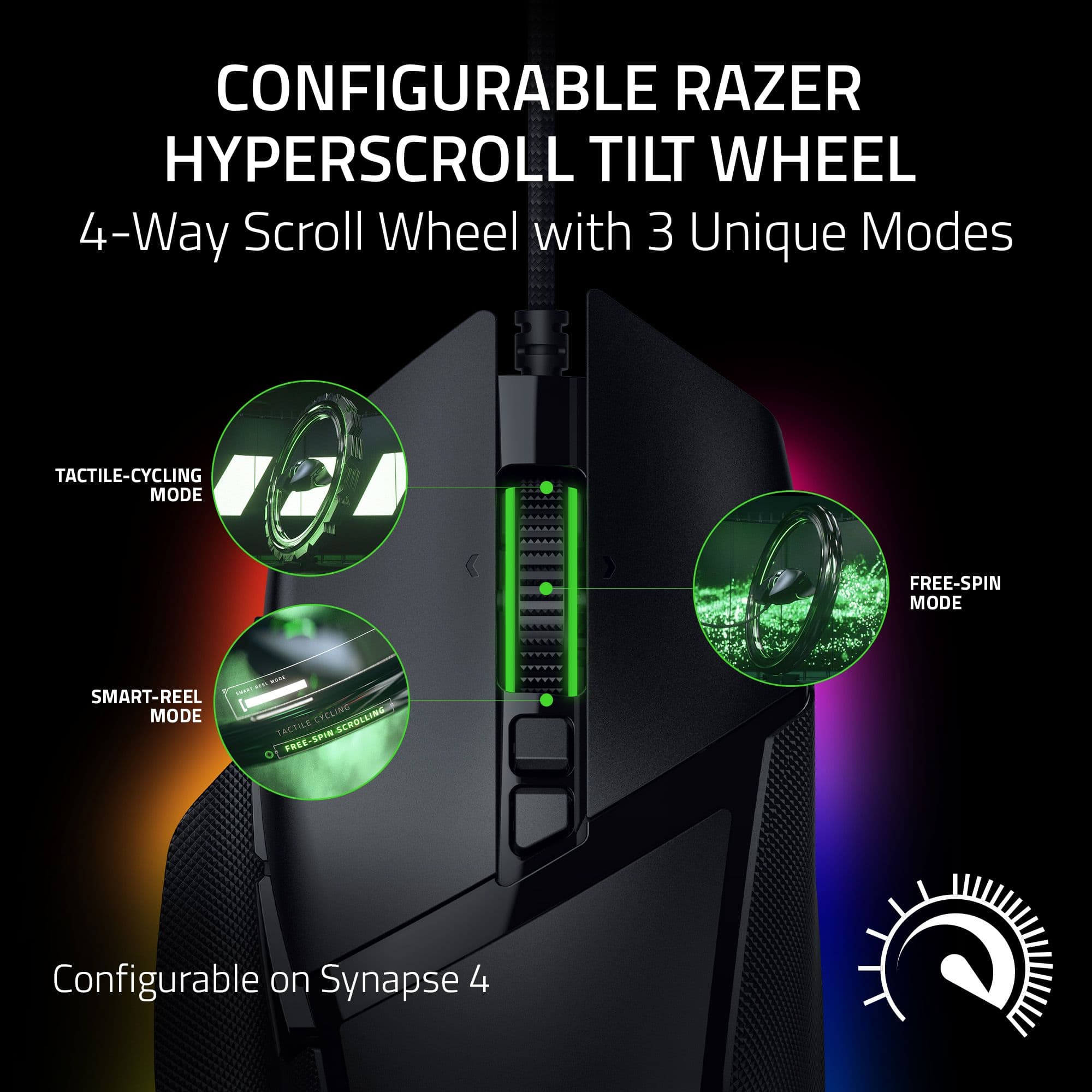 The image features a configurable Razer HyperScroll Tilt Wheel with 4-way scroll wheel and 3 unique modes. These modes include tactile-cycling mode, free-spin mode, and smart-reel mode. The wheel is designed to provide an enhanced gaming experience with its customizable options. The wheel is compatible with Synapse 4, allowing users to configure their settings according to their preferences.