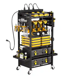 VEVOR - 5-tier Tool Organizer Cart with Charging Station, 8 AC Outlet, Floor Stand Rolling Drill Holder and Tool Battery Storage - Black