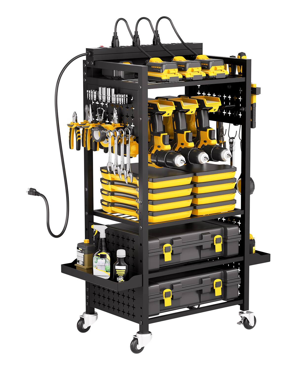 VEVOR - 5-tier Tool Organizer Cart with Charging Station, 8 AC Outlet, Floor Stand Rolling Drill Holder and Tool Battery Storage - Black