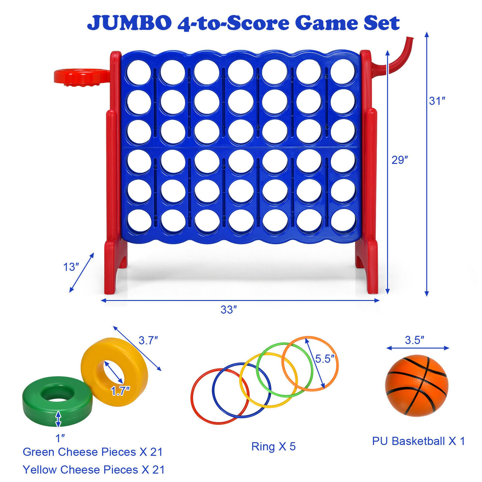 JUMBO 4-to-Score Game Set  
31" x 29" x 13" x 33"  
3.7" x 3.5" x 5.5" x 1.7" x 1"  
Green Cheese Pieces X 21  
Yellow Cheese Pieces X 21  
Ring X 5  
PU Basketball X 1