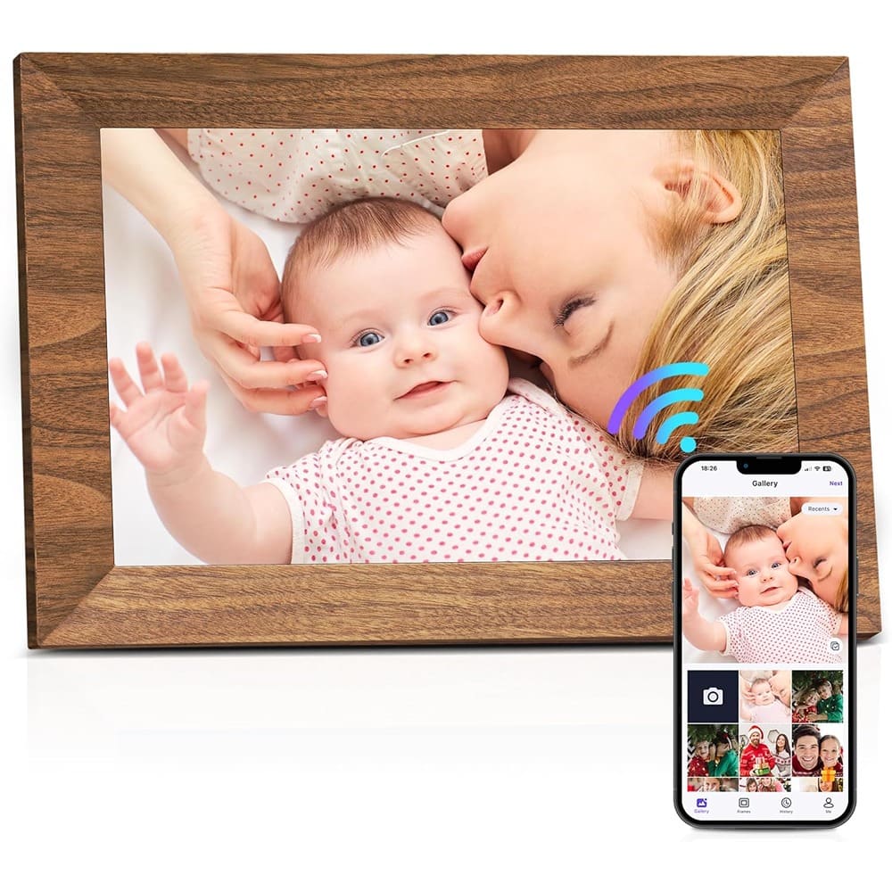 MOSZAR LLC - 10.1" Digital Picture Frame 32GB Wood WiFi IPS Touch Screen