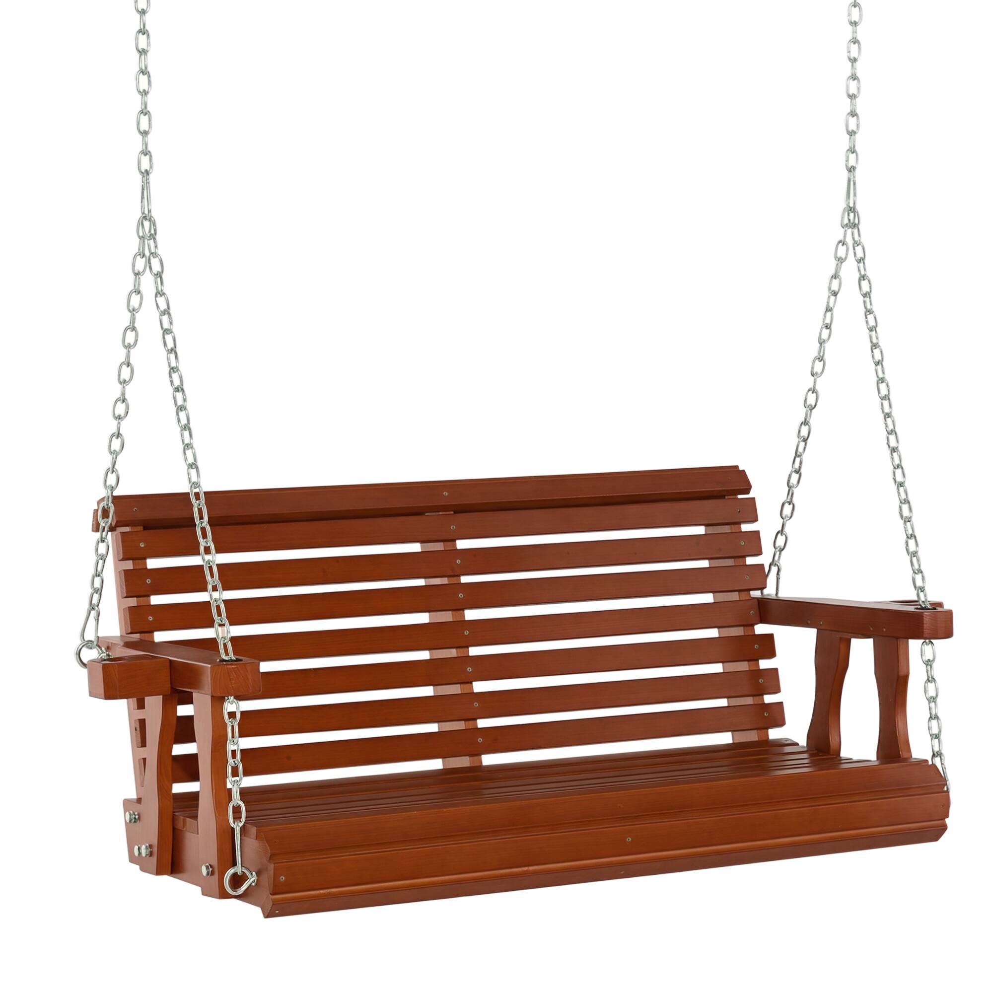 Front. Outsunny - Porch Swing with Chains and Cupholders, 2 Person Wooden Patio Swing Chair, 440 lbs. Weight Capacity - Brown.