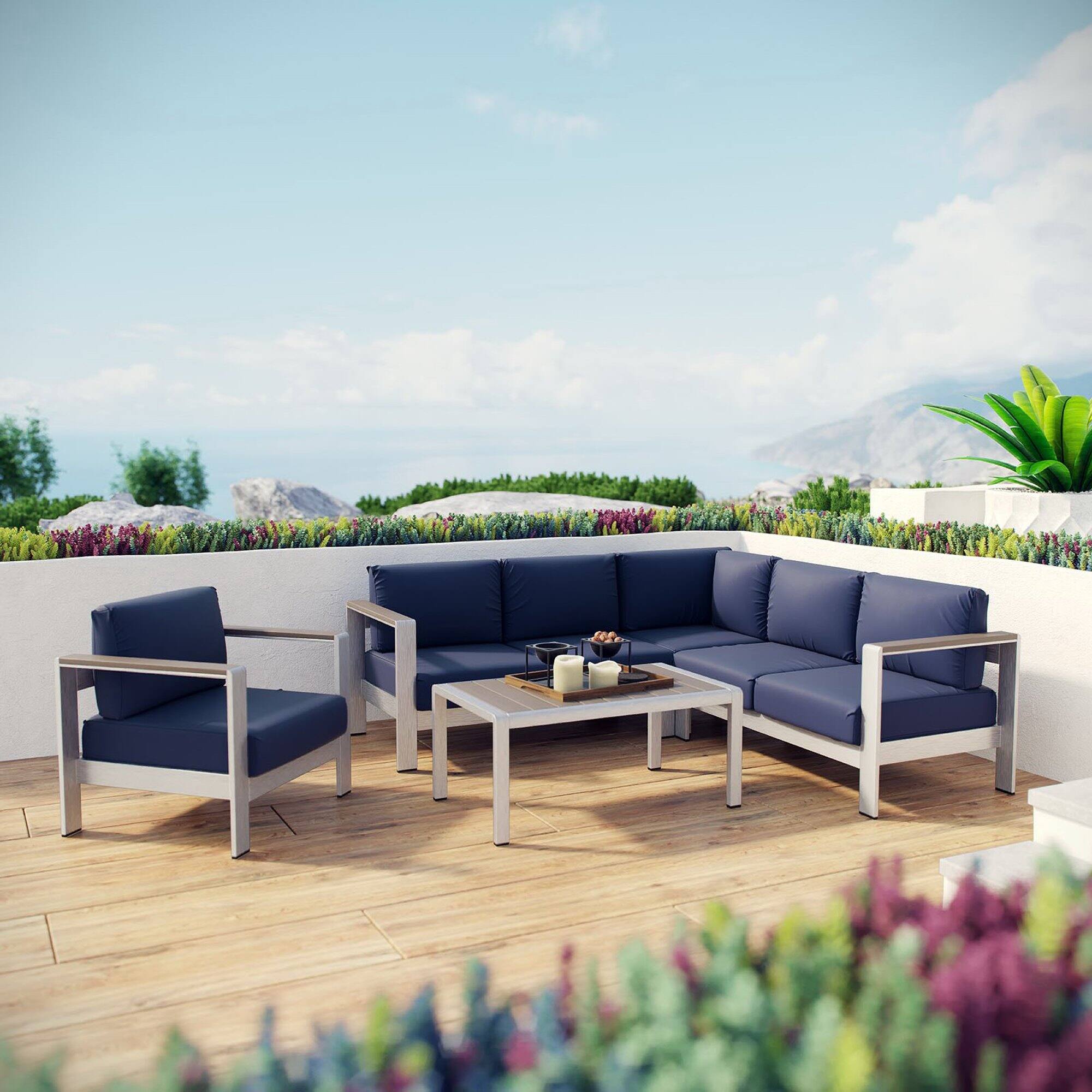 Alt View 3. Modway - Shore 5-Piece Outdoor Sectional Sofa Set - Aluminum Frame, All-Weather Cushions, Machine-Washable Covers - Silver Navy.