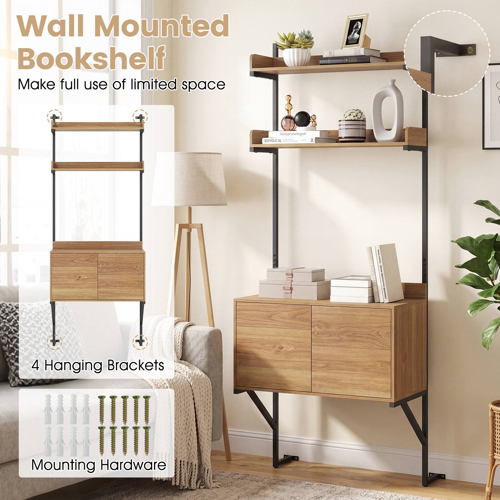 Wall Mounted Bookshelf  
Make full use of limited space  

4 Hanging Brackets  
Mounting Hardware