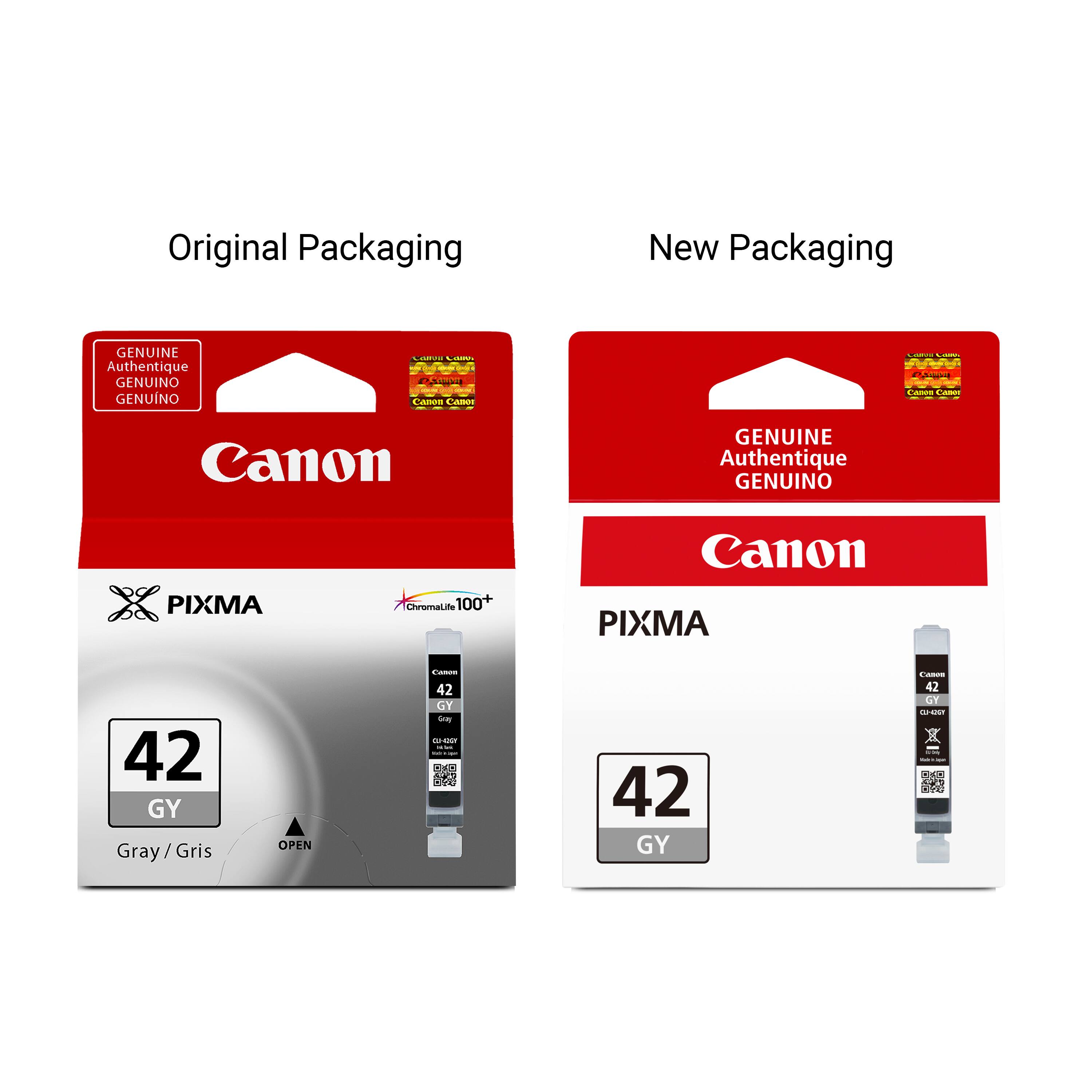 Original Packaging
New Packaging
GENUINE Authentique GENUINO GENUNO
Canon Canon Canon
Canon
GENUINE Authentique GENUINO
PIXMA
ChromaLife 100+
Canon PIXMA
42 GY Gray/Gris
OPEN
Canon 42 GY GY CO-4201