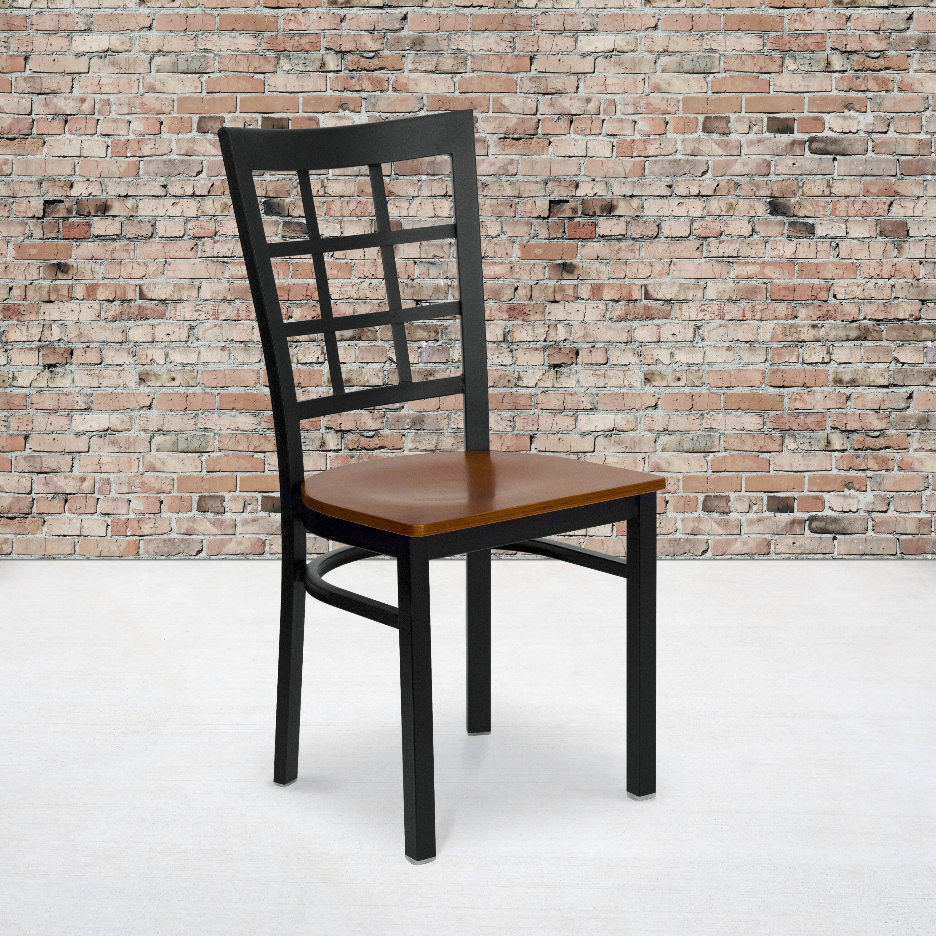 Alt View 1. Emma + Oliver - Window Back Metal Restaurant Dining Chair - Cherry Wood Seat/Black Metal Frame.