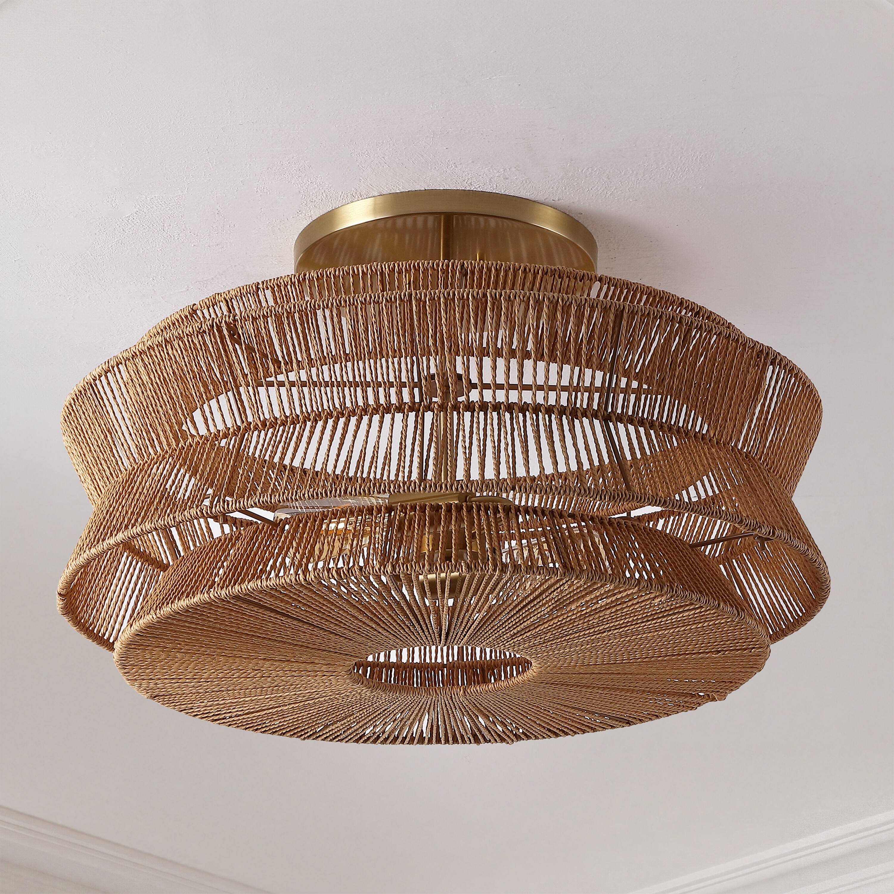 Alt View 5. Jonathan Y - Maya 23.75" 2-Light Bohemian 2-Tier Metal Hand-Woven Paper Rope Tapered Drum LED Semi Flush Mount, Brown/Brass Gold - Brown/Brass Gold.