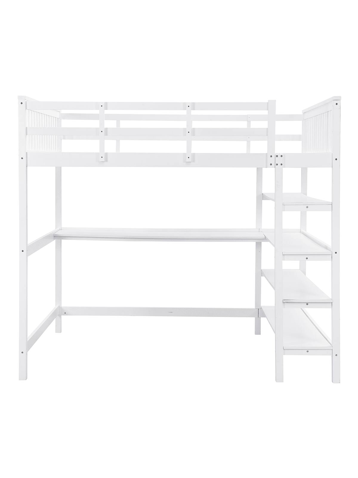 Back. Trinkets Crazed - Twin Loft Bed With Desk And 4-Layer Shelves, Loft Bed Twin Size With Under Desk And Bookcase Storage - White.