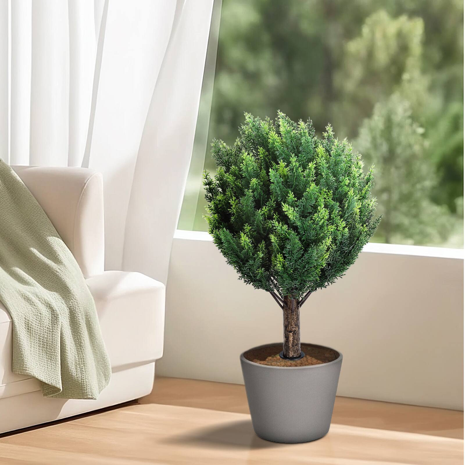 Angle. Oumilen - 2 Pack Artificial Cypress Topiary Ball Tree with Ground Stake, Fake Evergreen Shrub for Garden Decor - Green.