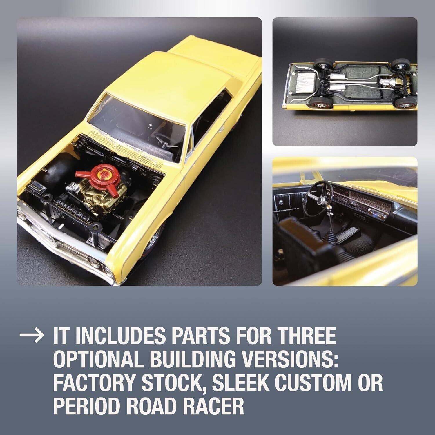 IT INCLUDES PARTS FOR THREE OPTIONAL BUILDING VERSIONS: FACTORY STOCK, SLEEK CUSTOM OR PERIOD ROAD RACER