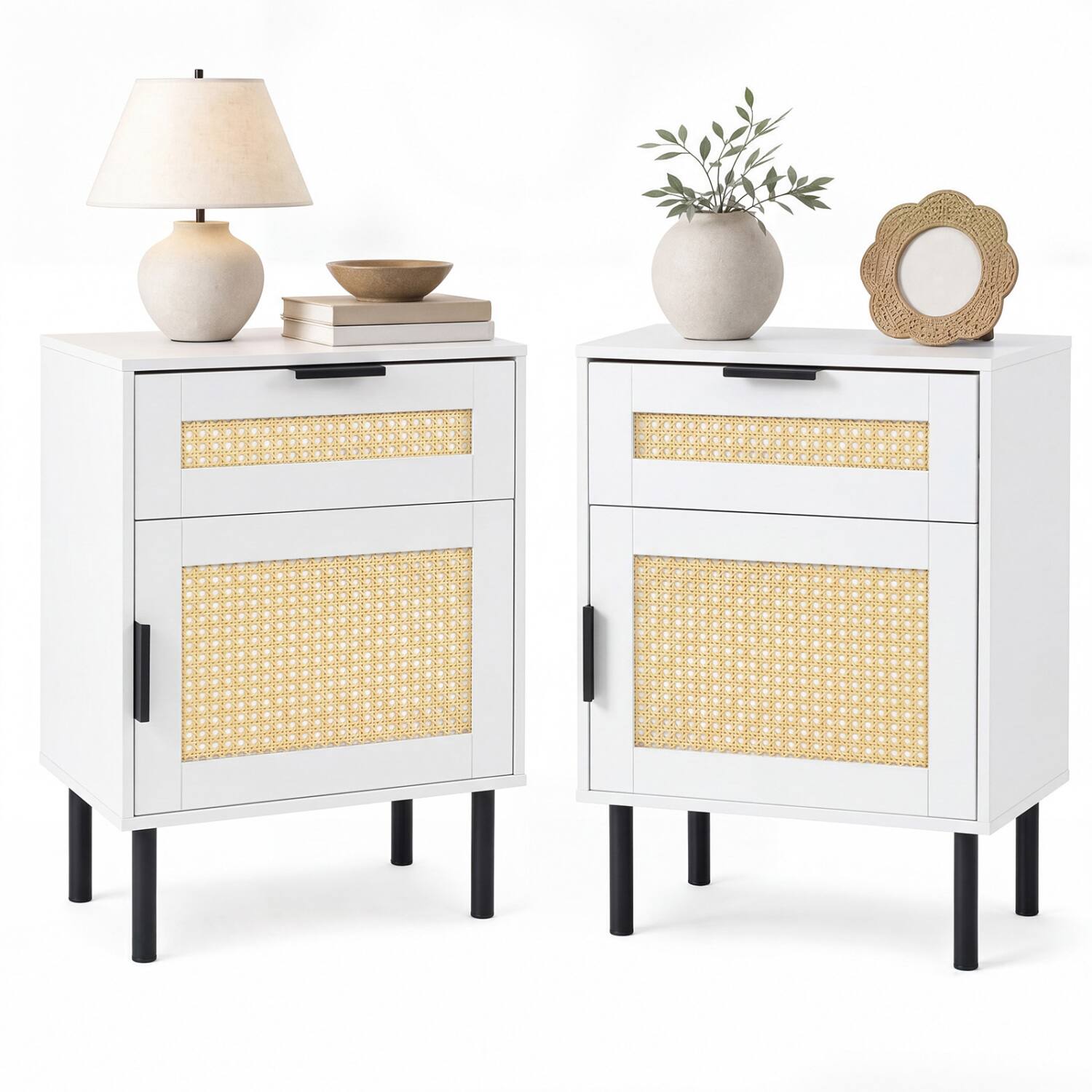 Alt View 3. WELLFOR - Set of 2 Rattan Nightstands with Drawer and Storage Cabinet for Bedroom or Dorm - White.