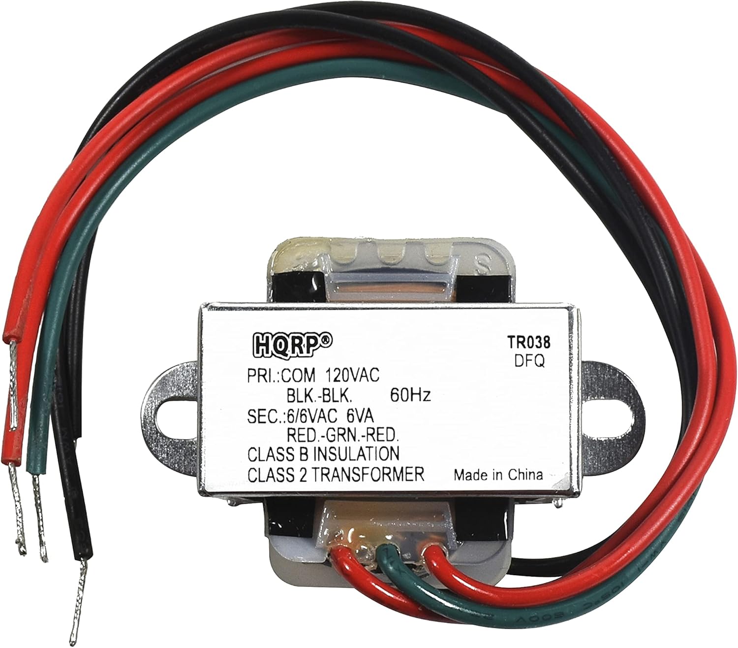 HORP TR038 DFQ  
PRI.: COM 120VAC BLK.-BLK. 60Hz  
SEC.: 6/6VAC 6VA RED.-GRN.-RED.  
CLASS B INSULATION  
CLASS 2 TRANSFORMER  
Made in China