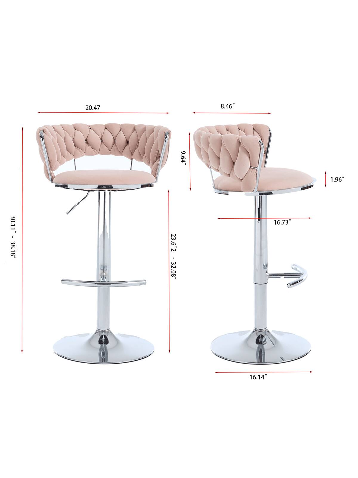 20.47"  
8.46"  
9.64"  
1.96"  
30.11" - 38.18"  
23.62" - 32.08"  
16.73"  
16.14"