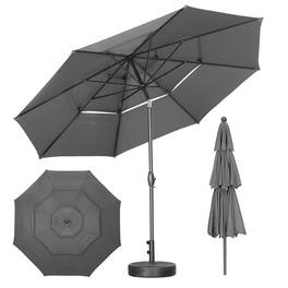 Ainfox - 10 FT 3-Tier Patio Umbrella with Base Outdoor Market Umbrella with Crank and Tilt for Garden Lawn Backyard Pool - Gray