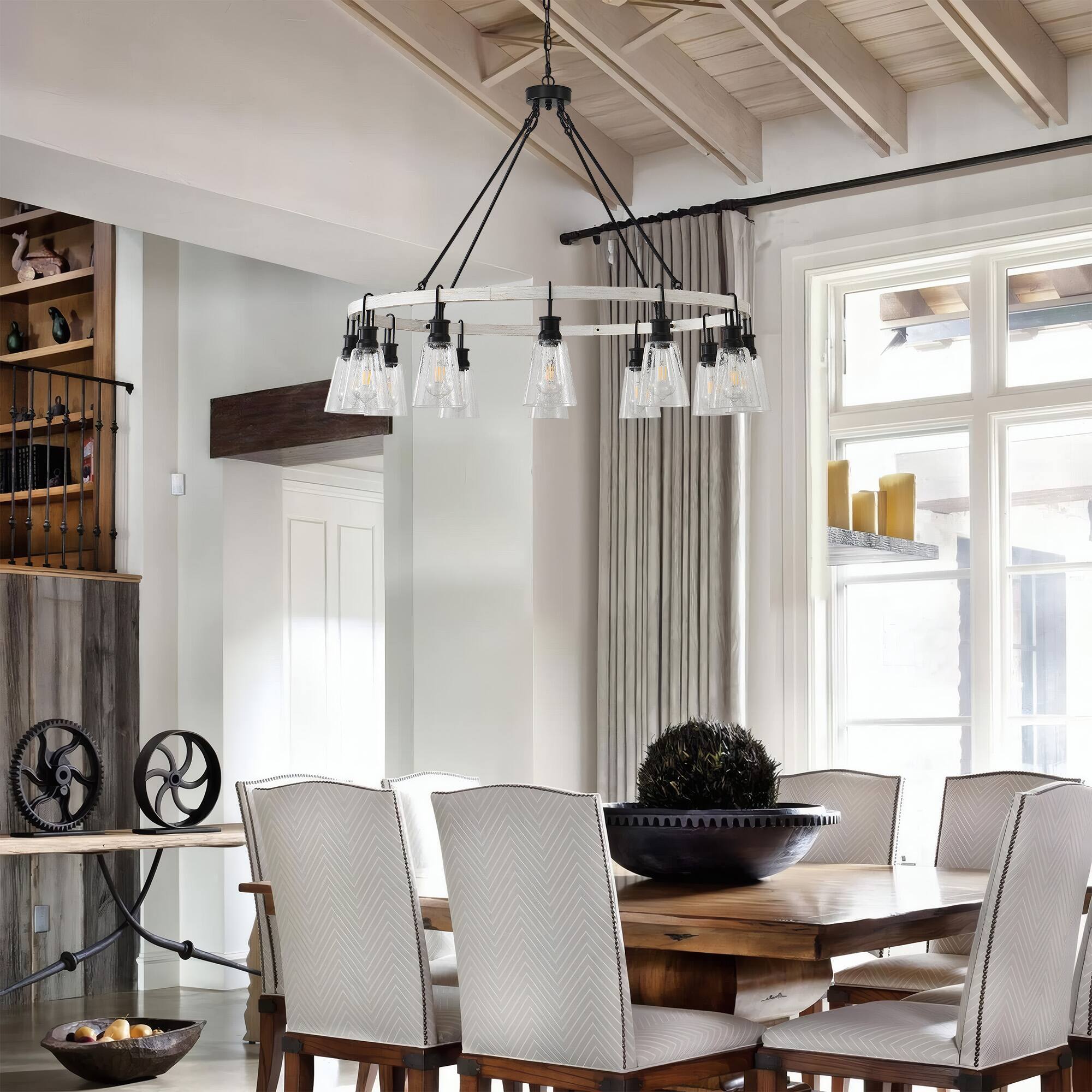 Alt View 1. RYHNUYNE - 12-Light Wooden Wagon Wheel Chandelier, Rustic Round Chandeliers for Dining Room ,Farmhouse Chandelier Light Fixture - Black.