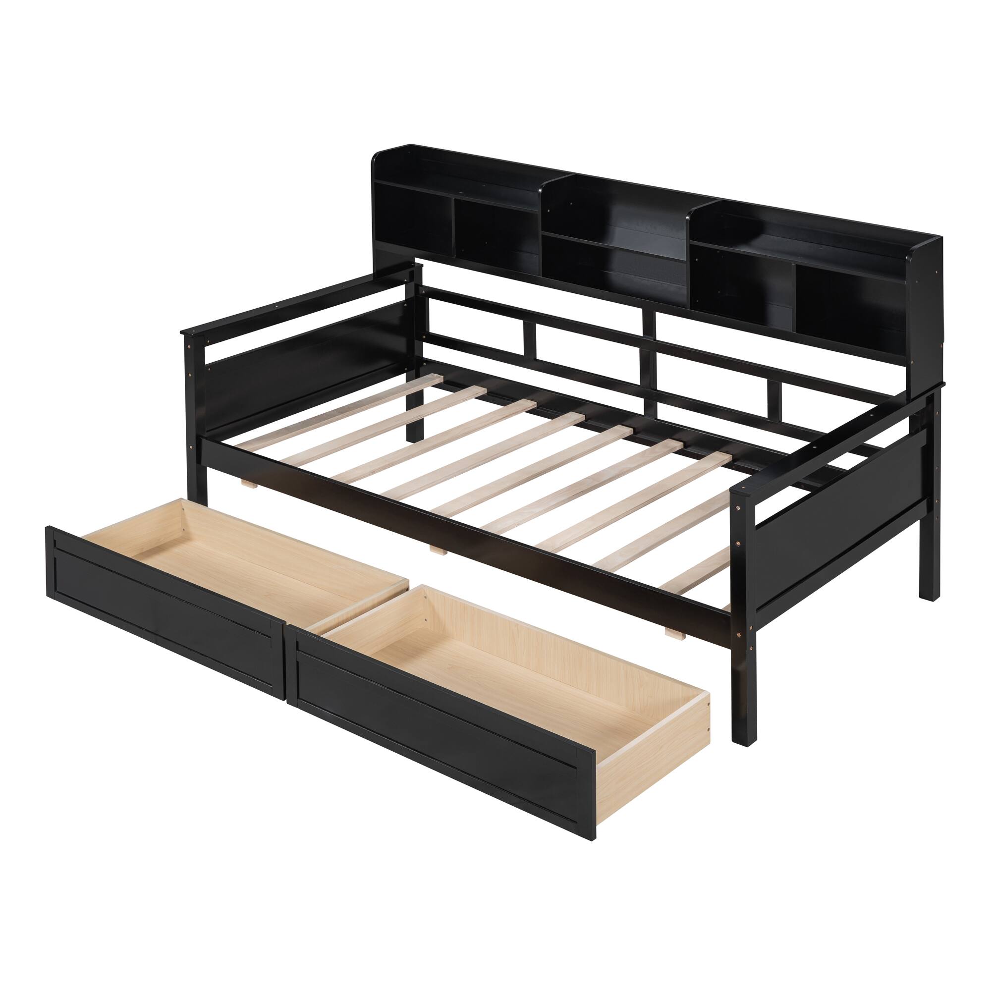 Left. Aukfa - Twin size Daybed, Wood Slat Support, with Bedside Shelves and Two Drawers - Espresso.