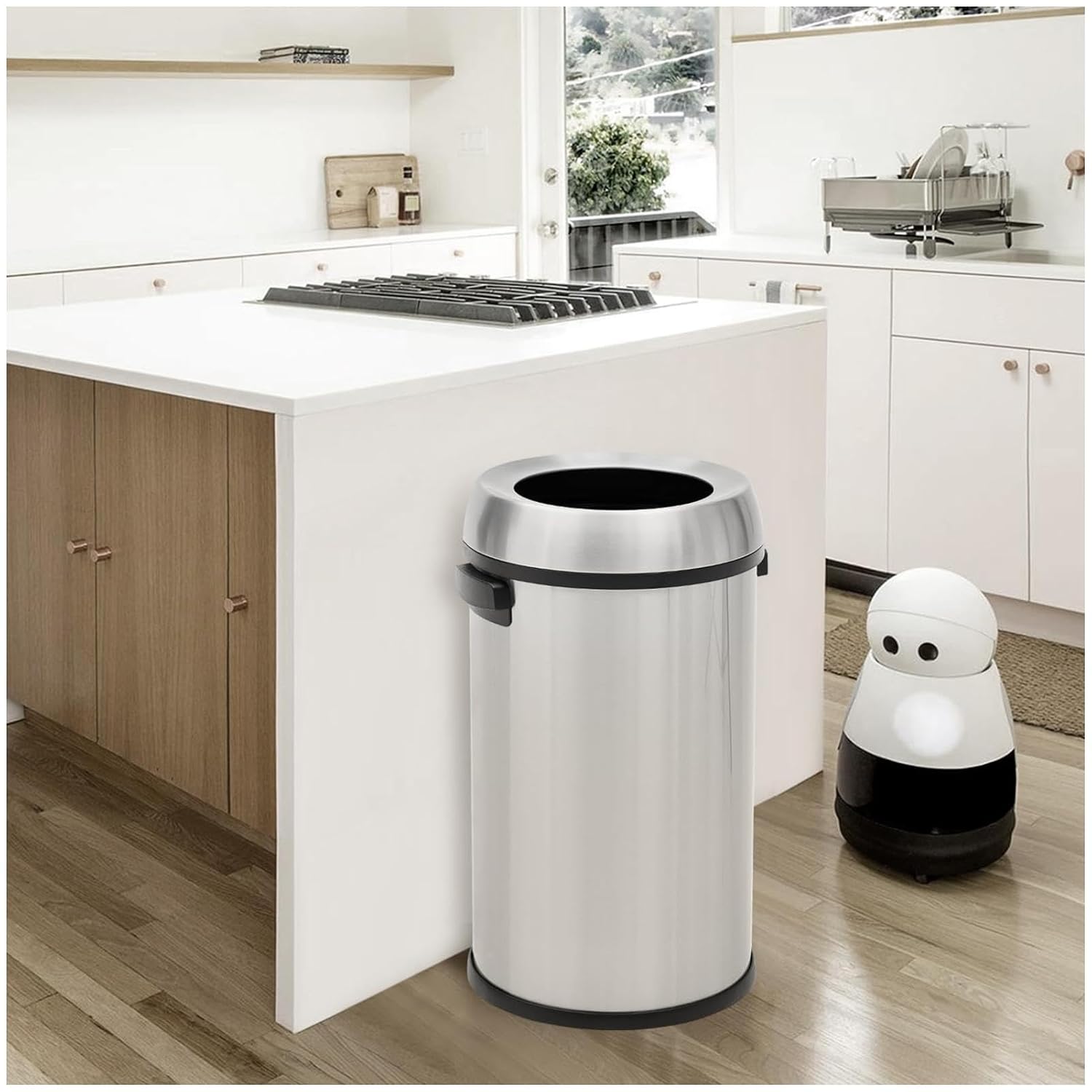 Angle. Jojoka - 17 Gallon Open Top Commercial Grade Trash Can, Heavy Duty Brushed Stainless Steel Round Bin for Outdoor & Kitchen - Silver.