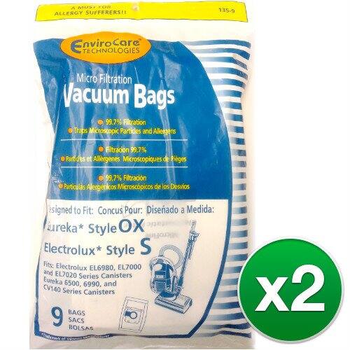 A MUSI FOR ALLERGY SUFFERERS!!  
135-9 EnviroCare TECHNOLOGIES Micro Filtration Vacuum Bags  
99.7% Filtration Traps Microscopic Particles and Allergens  
Filtracion 99,7% Particles et Allergenes Microscopiques de Piges  
99,7% Filtracin Particulas Alergnicos Microscpicos de los Desvios  

Signed to Fit: Concus Pour: Diseado a Medida:  
ureka* Style OX  
Electrolux* Style S  

Fits: Electrolux EL6980, EL7000 and EL7020 Canisters  
Eureka 6500, 6990, and CV140 Series Canisters  

BAGS 9 SACS BOLSAS x2