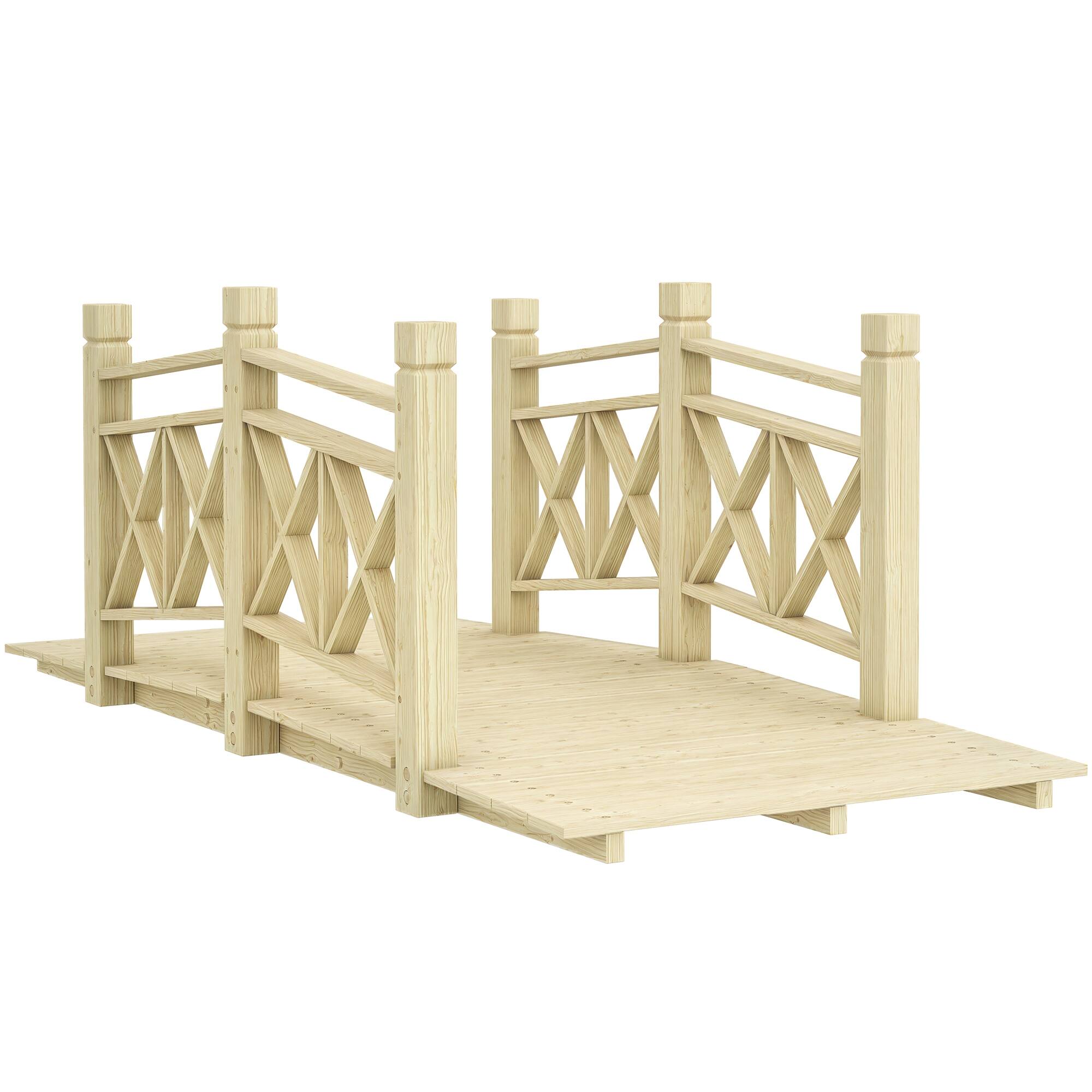 Front. Outsunny - 5 ft. Wooden Garden Bridge with Safety Rails, Backyard Bridge Footbridge for Ponds, Creeks, Streams - Nature Wood.