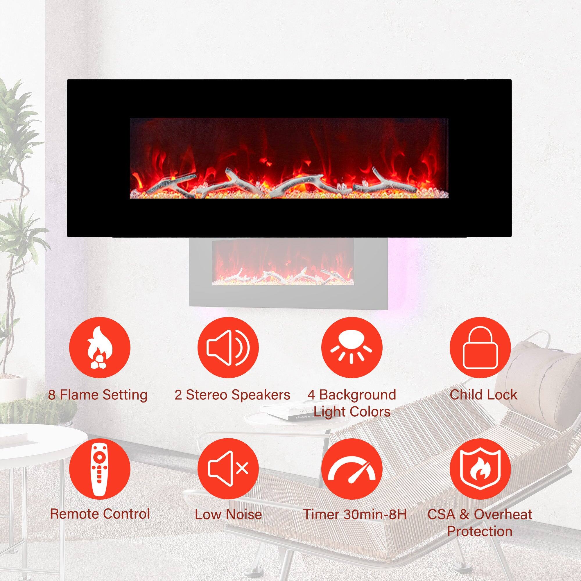 8 Flame Setting, 2 Stereo Speakers, 4 Background Light Colors, Child Lock, Remote Control, Low Noise, Timer 30min-8H, CSA & Overheat Protection