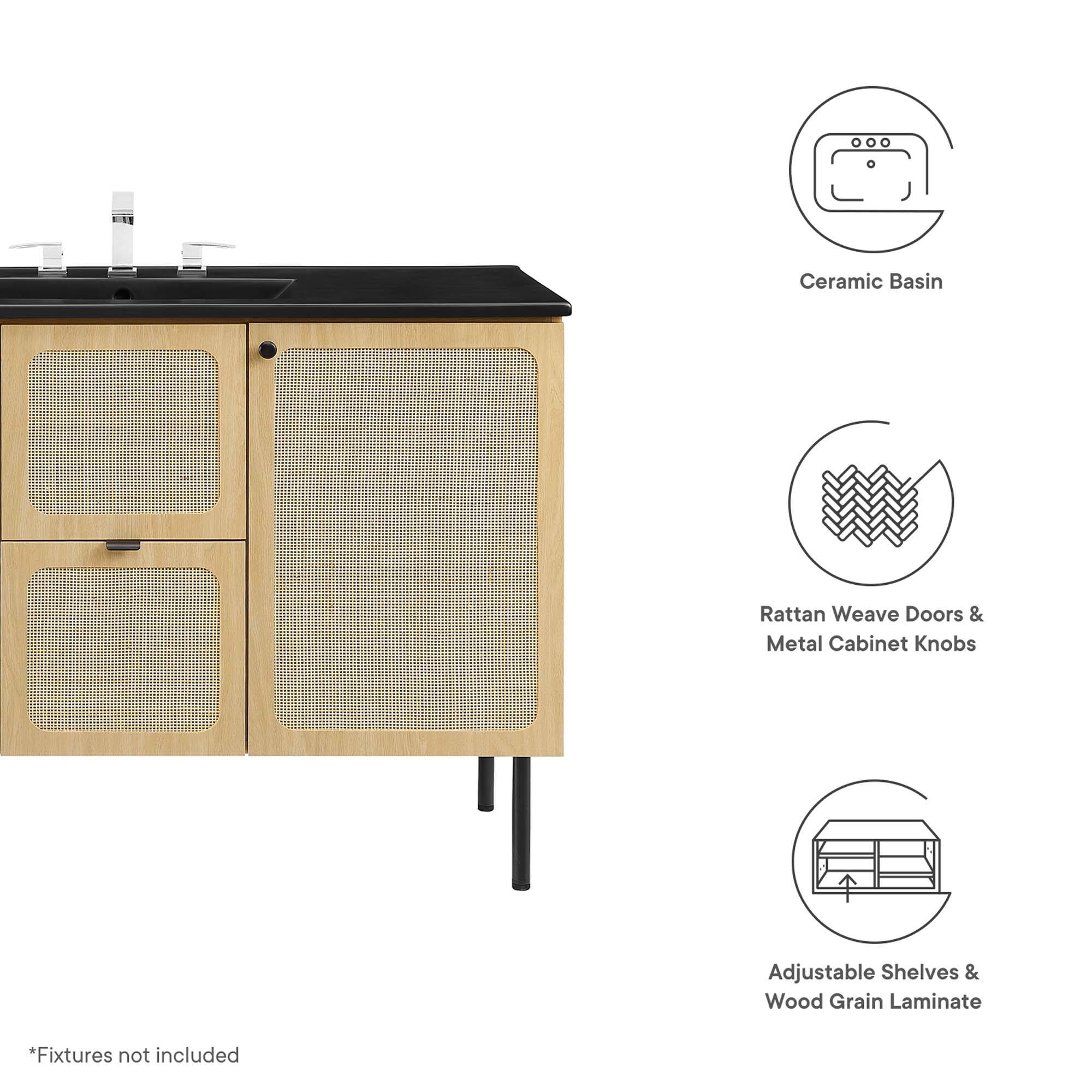 Ceramic Basin  
Rattan Weave Doors & Metal Cabinet Knobs  
Adjustable Shelves & Wood Grain Laminate  

*Fixtures not included