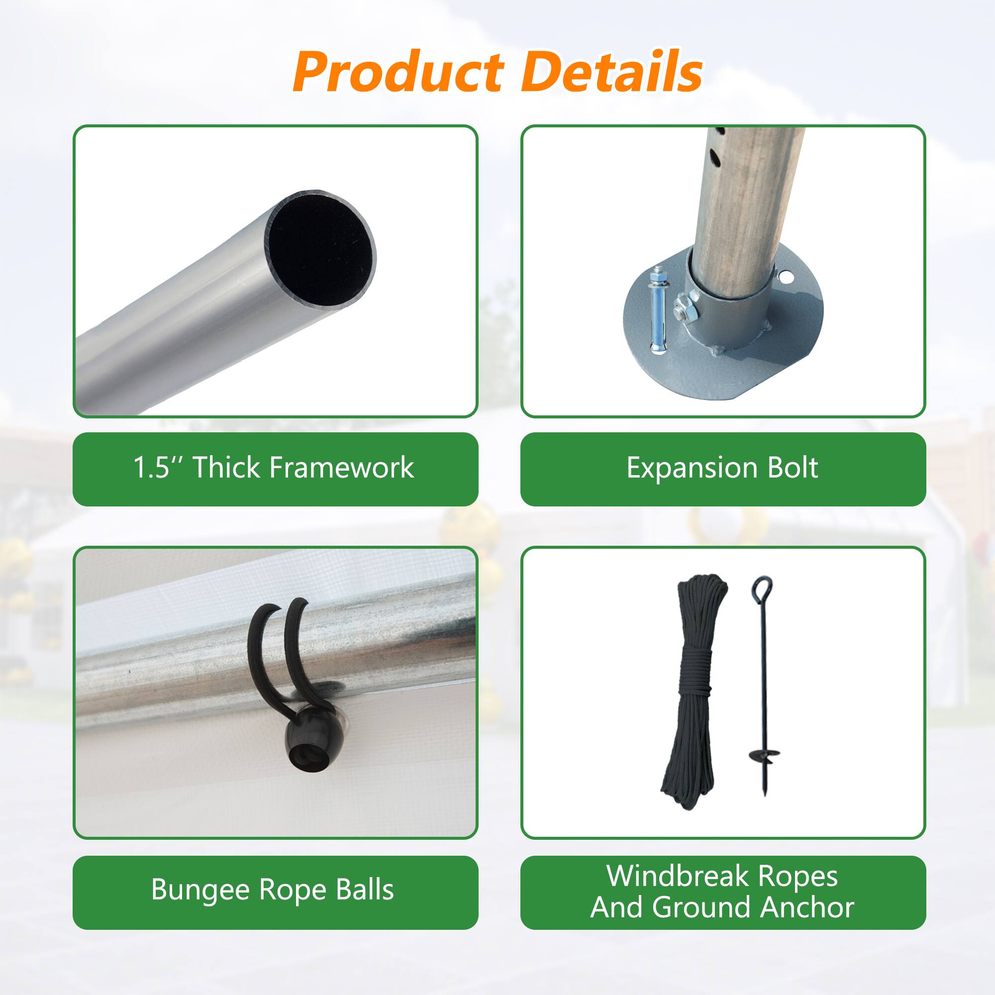 Product Details

1.5" Thick Framework

Expansion Bolt

Bungee Rope Balls

Windbreak Ropes And Ground Anchor