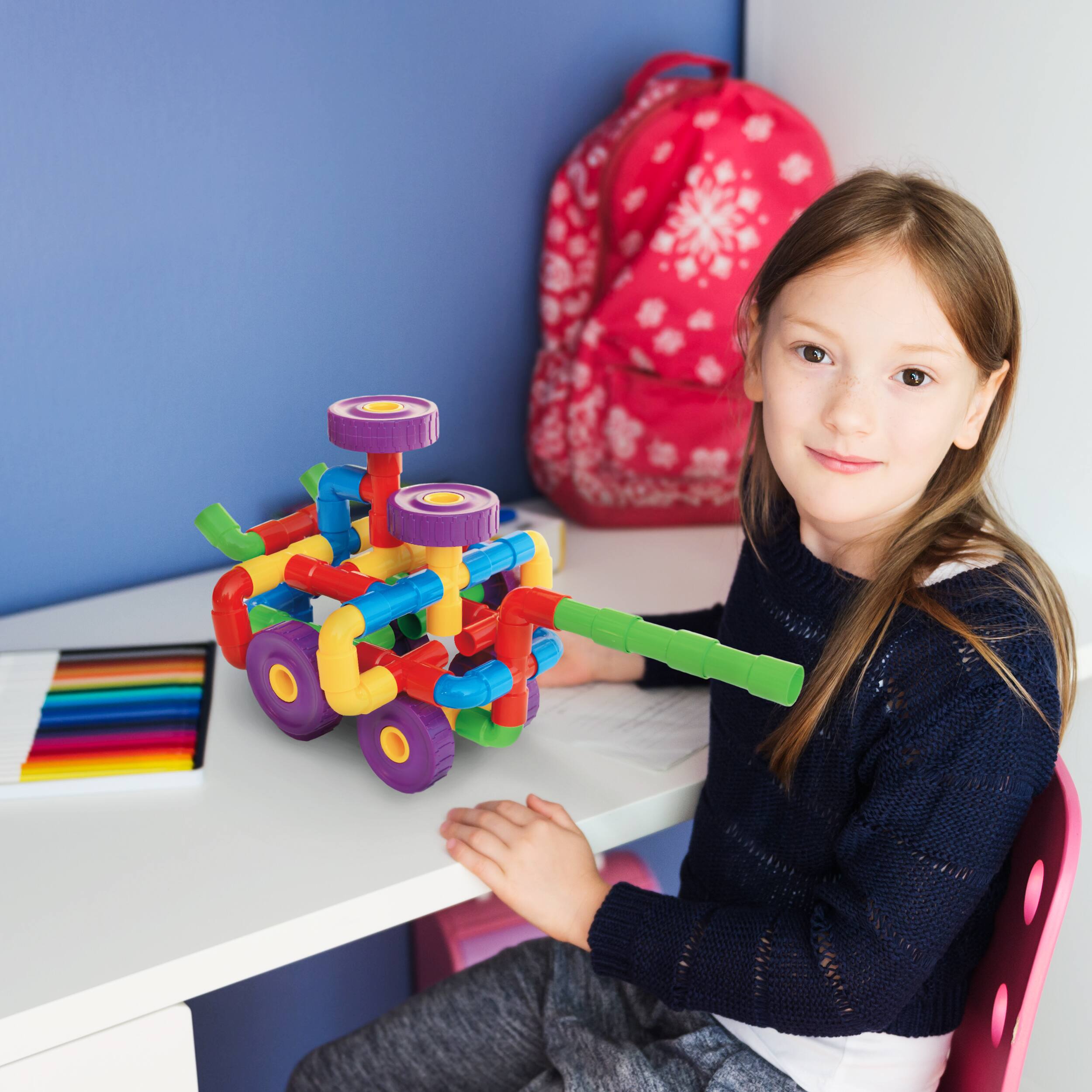 Alt View 1. PicassoTiles - PICASSO-TILES Pipe Tube for Kids, 136PCS Wheel Construction STEM Building Blocks Educational Toy.