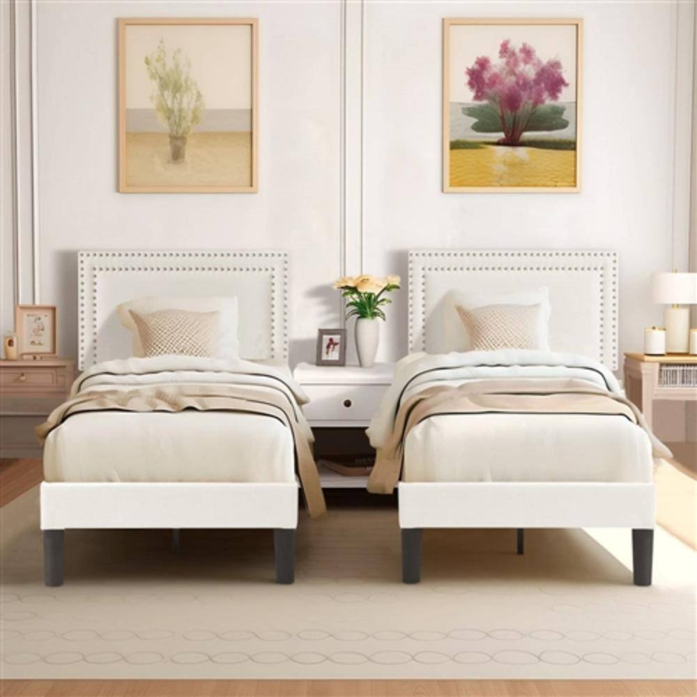 Angle. Hivvago - Set of 2 - Twin size White Tufted Upholstered Platform Bed Frame with Headboard - White.