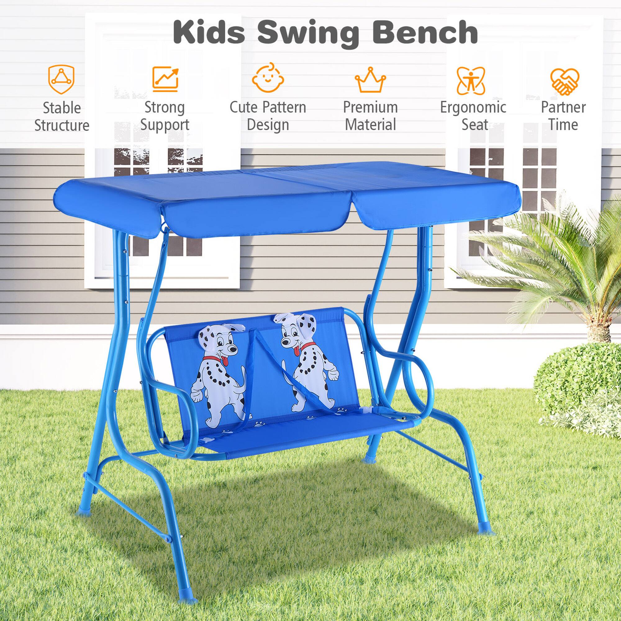 Alt View 5. Gymax - Gymax Kids Patio Porch Bench Swing w/ Safety Belt Canopy Outdoor Furniture Blue - Blue.