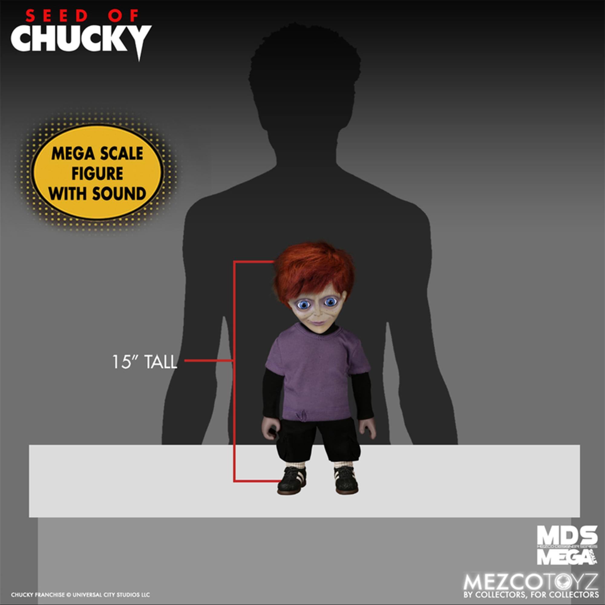 SEED OF CHUCKY MEGA SCALE FIGURE WITH SOUND 15" TALL  
CHUCKY FRANCHISE © UNIVERSAL CITY STUDIOS LLC  
MDS MEGA MEZCOTOYZ BY COLLECTORS, FOR COLLECTORS