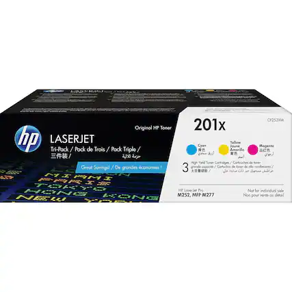 CF253XM Original HP Toner 201x
HP LASERJET
Tri-Pack / Pack de Trois / Pack Triple / 三件装 / 3 in 1
Cyan / Yellow / Magenta / Cyan / Amarillo / Magenta
High Yield Toner Cartridges / Cartouches de toner de grande capacité / Cartuchos de toner de alto rendimiento / 大容量墨粉 / 3 grande copaci
Great Savings! / De grandes économies!
HP LaserJet Pro M252, MFP M277
Not for individual sale / Non pour vente au détail