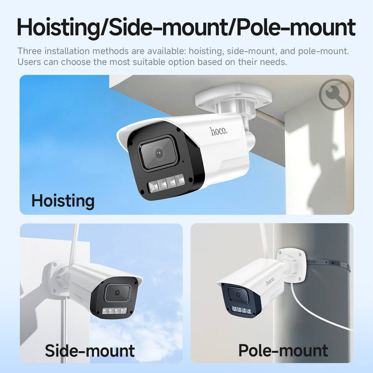 Hoisting/Side-mount/Pole-mount

Three installation methods are available: hoisting, side-mount, and pole-mount. Users can choose the most suitable option based on their needs.

Hoisting

Side-mount

Pole-mount