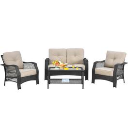 Costway - 4PCS Patio Wicker Furniture Set Loveseat Sofa Coffee Table W/ Cushion - Beige