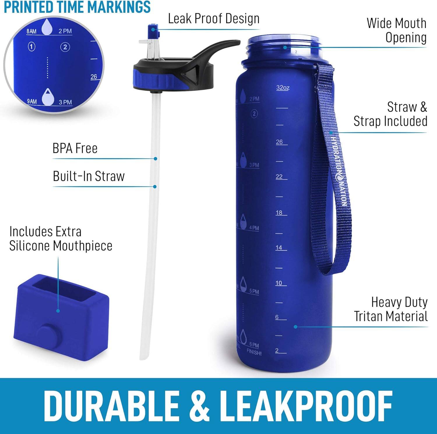 - PRINTED TIME MARKINGS
- Leak Proof Design
- Wide Mouth Opening
- BPA Free
- Built-In Straw
- Includes Extra Silicone Mouthpiece
- Straw & Strap Included
- Heavy Duty Tritan Material
- DURABLE & LEAKPROOF