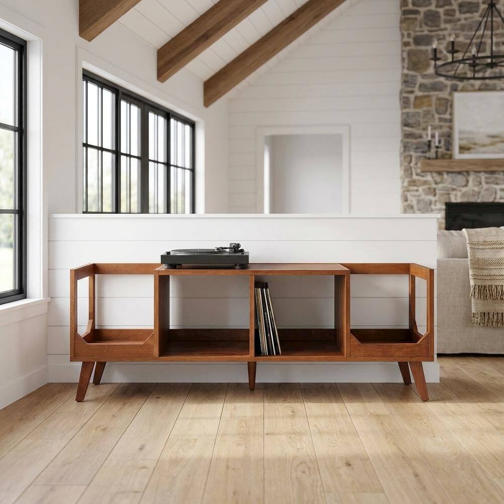 Alt View 5. FurniFact - Black wood record player stand with vinyl storage and cable management - Walnut.