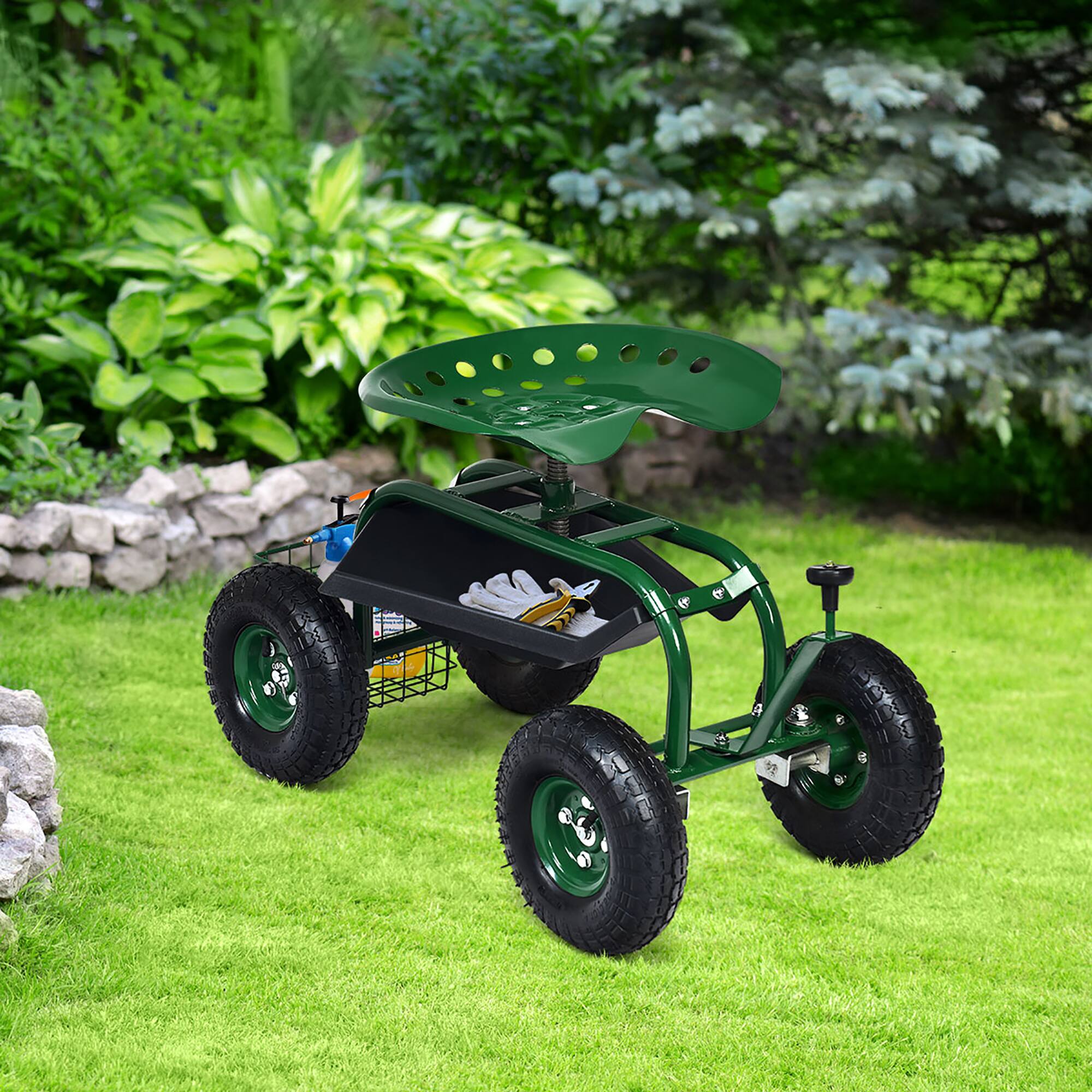 Alt View 1. Costway - Costway Garden Cart Rolling Work Seat w/ Tool Tray Basket - Green.