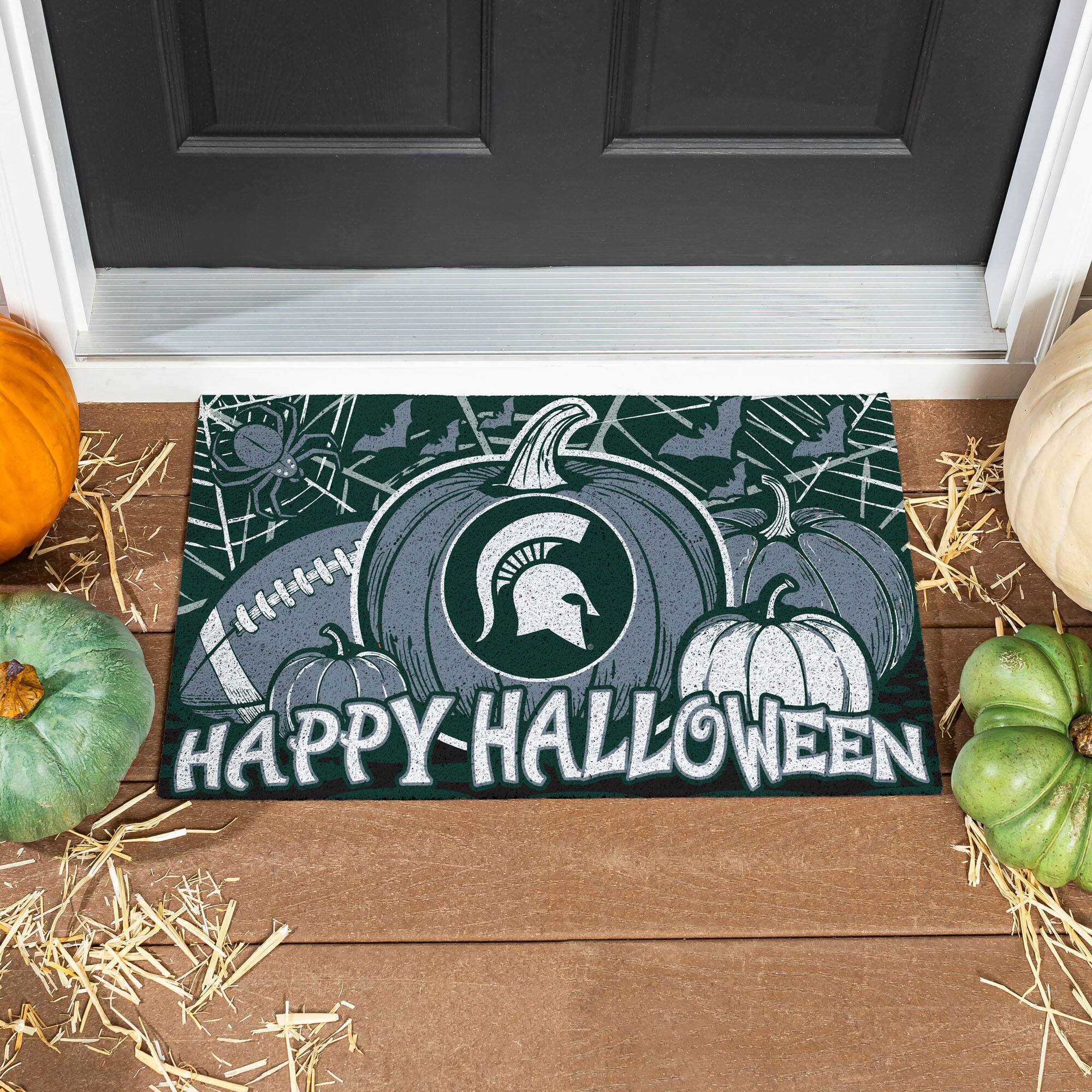 Front. Evergreen Enterprises - Michigan State Spartans 28" x 16" Happy Halloween Turf Door Mat - Multicolor.