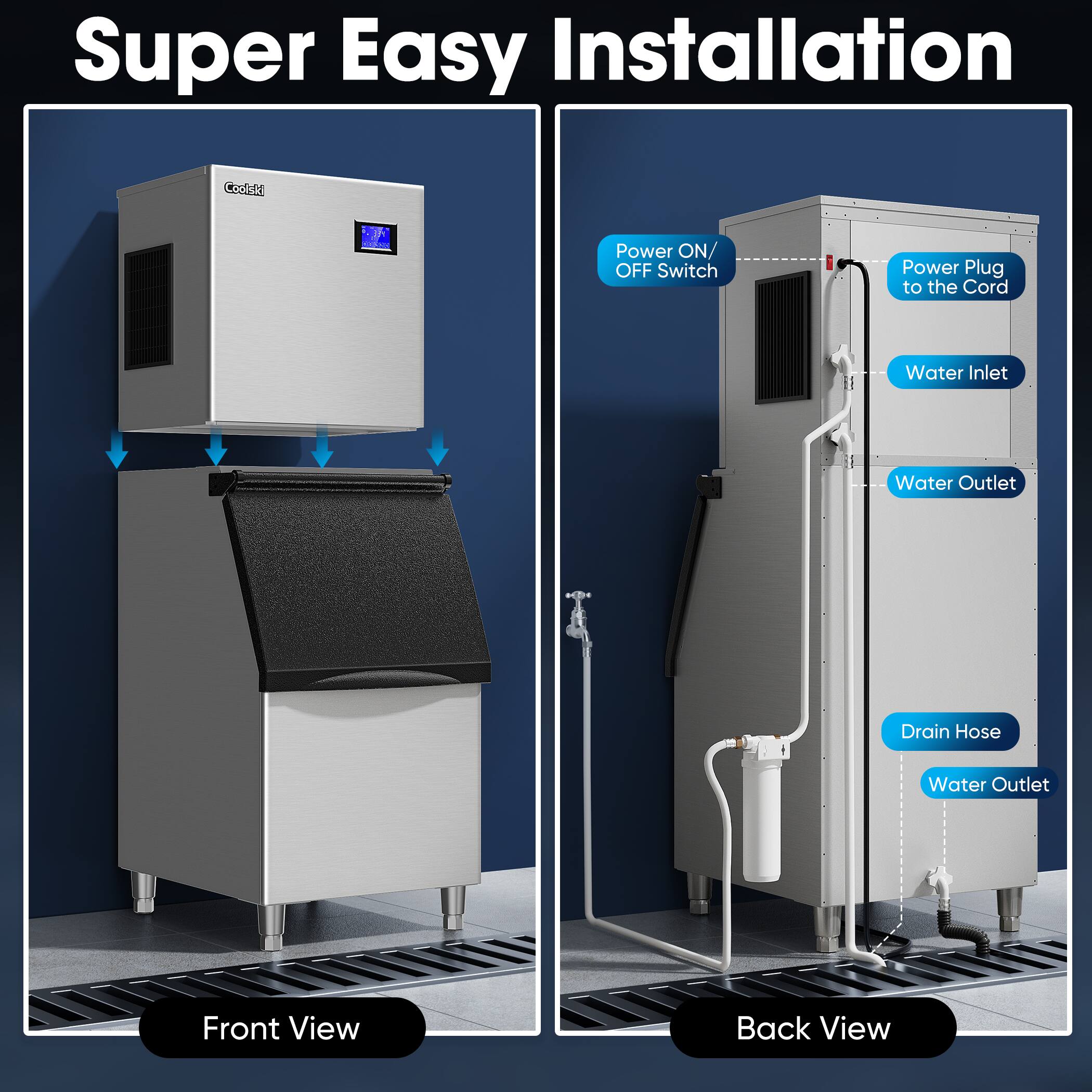 Super Easy Installation

Front View

Back View

- Power ON/OFF Switch
- Power Plug to the Cord
- Water Inlet
- Water Outlet
- Drain Hose
- Water Outlet