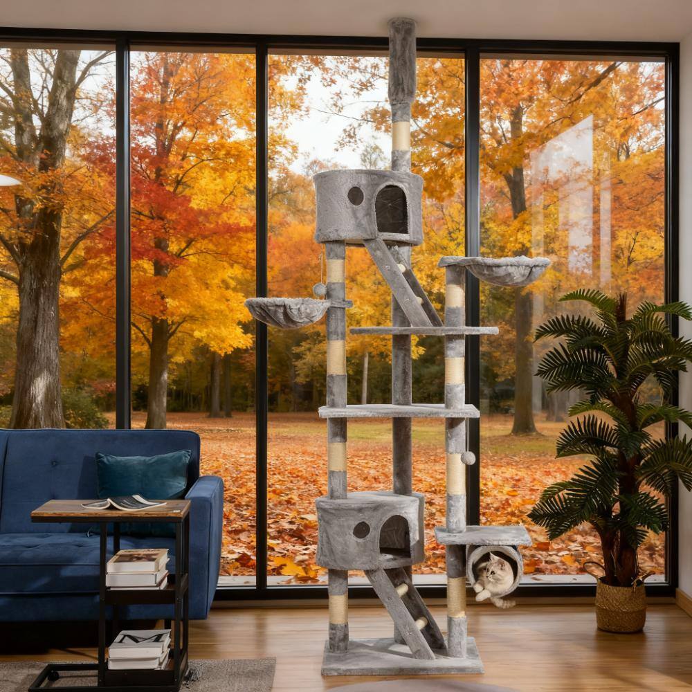 Angle. Siljoy - Height Adjustable Floor-to-Ceiling Cat Tree, 94.5-102.4" Tension Rod Tower with Tube, Condos & Dual Hammocks.