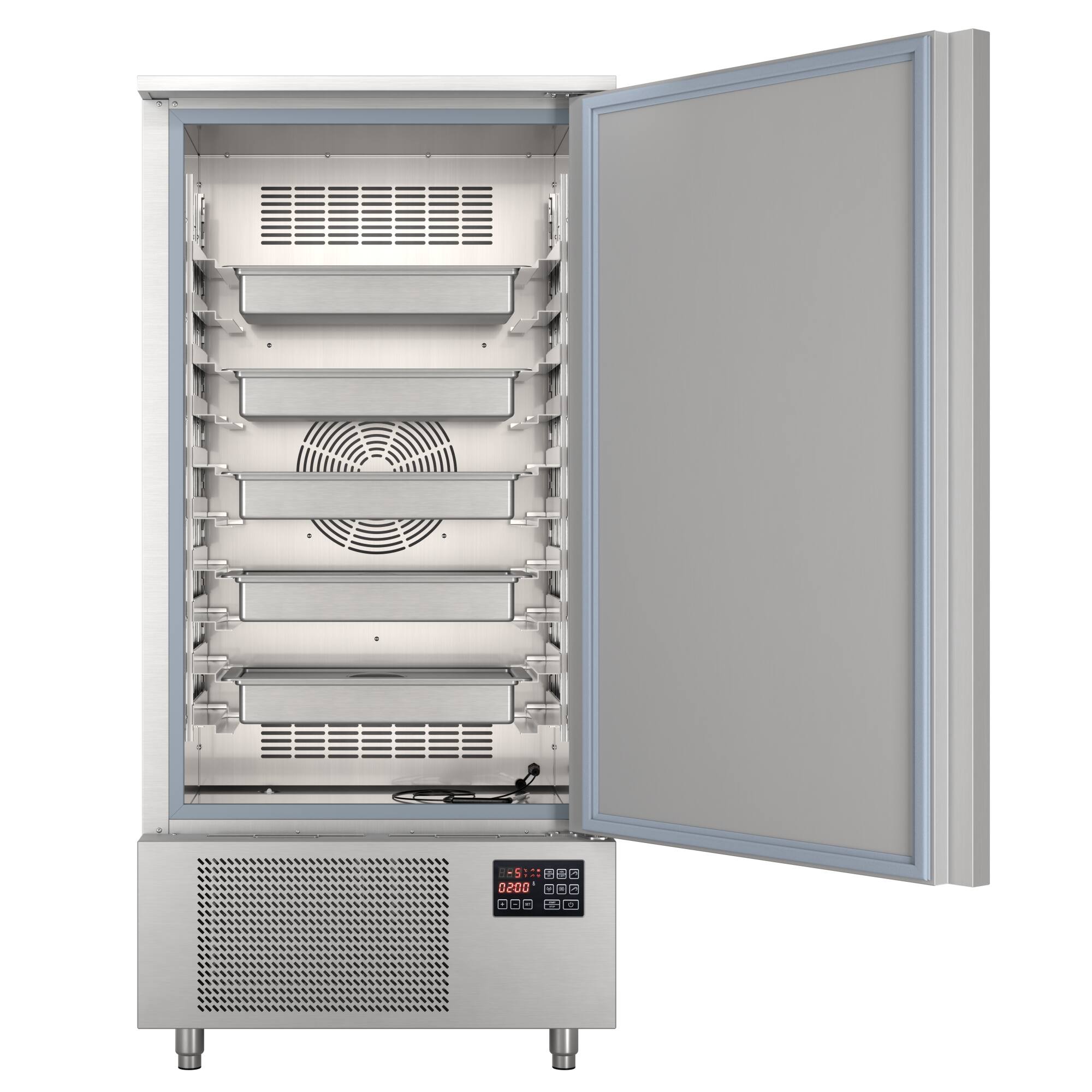 The image shows a large metal freezer with a door open, revealing a row of shelves inside. The freezer is designed to store food at a low temperature, ensuring that it remains fresh and safe to consume. The shelves are made of metal and are arranged in a way that maximizes the storage space within the freezer. The freezer is likely used in a commercial setting, such as a restaurant or grocery store, to keep perishable items at the appropriate temperature.