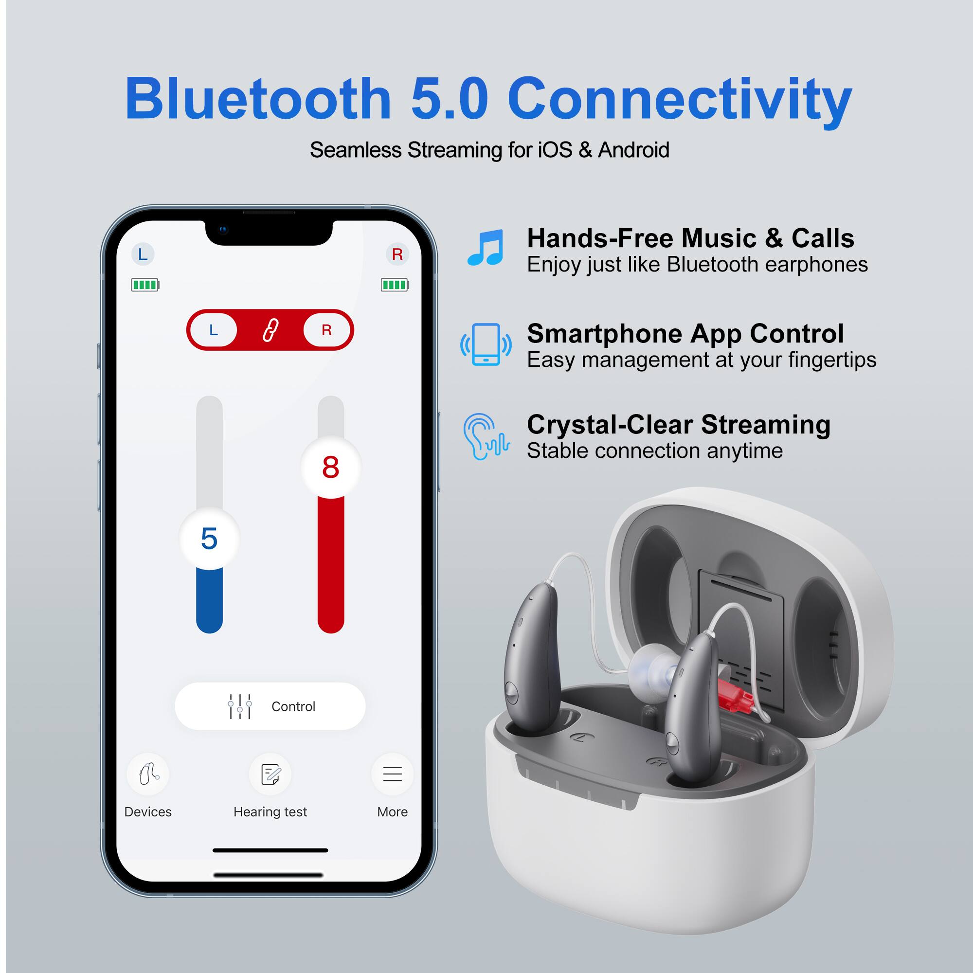Bluetooth 5.0 Connectivity  
Seamless Streaming for iOS & Android  

Hands-Free Music & Calls  
Enjoy just like Bluetooth earphones  

Smartphone App Control  
Easy management at your fingertips  

Crystal-Clear Streaming  
Stable connection anytime  

Control Devices  
Hearing test  
More