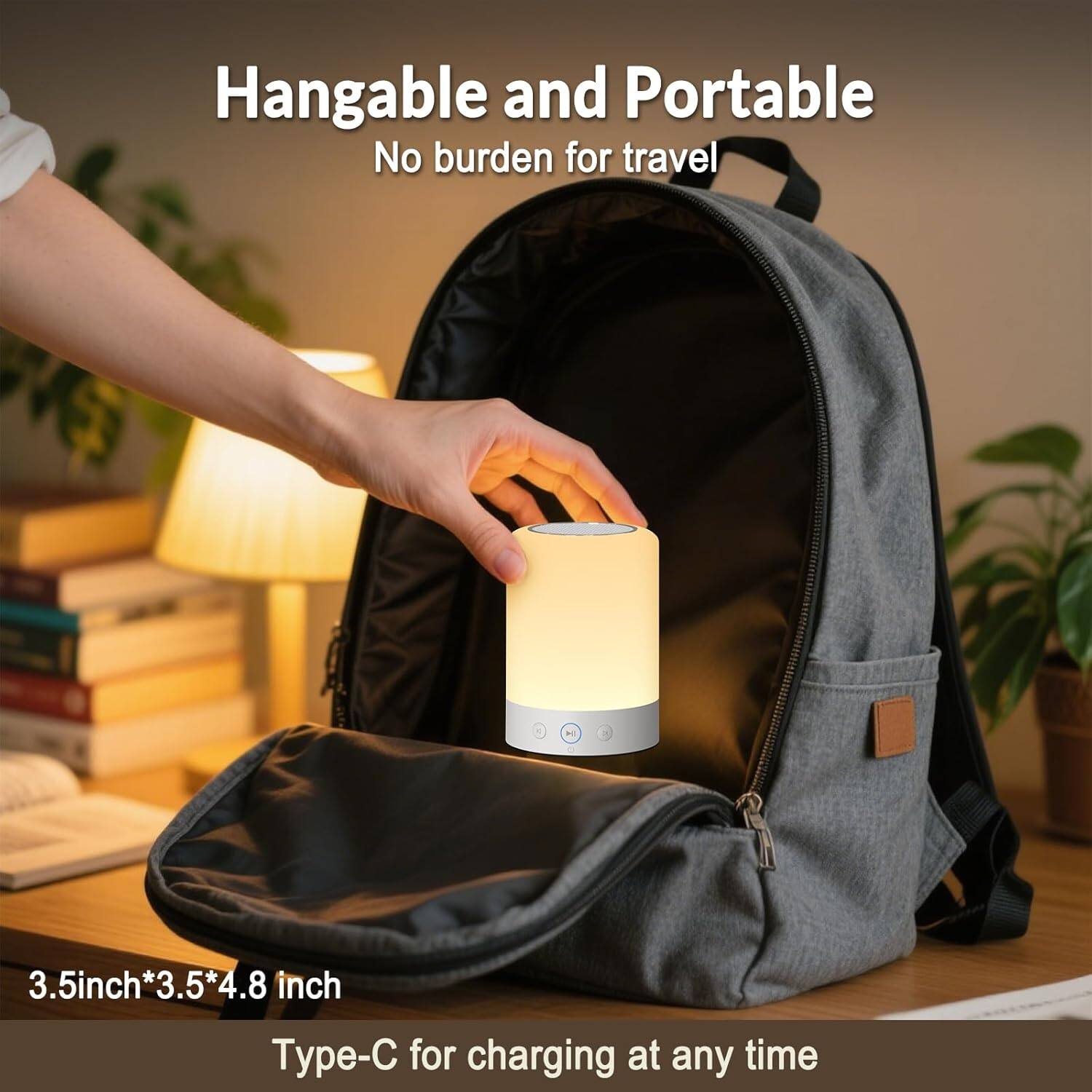 Hangable and Portable  
No burden for travel  

3.5 inch*3.5*4.8 inch  
Type-C for charging at any time