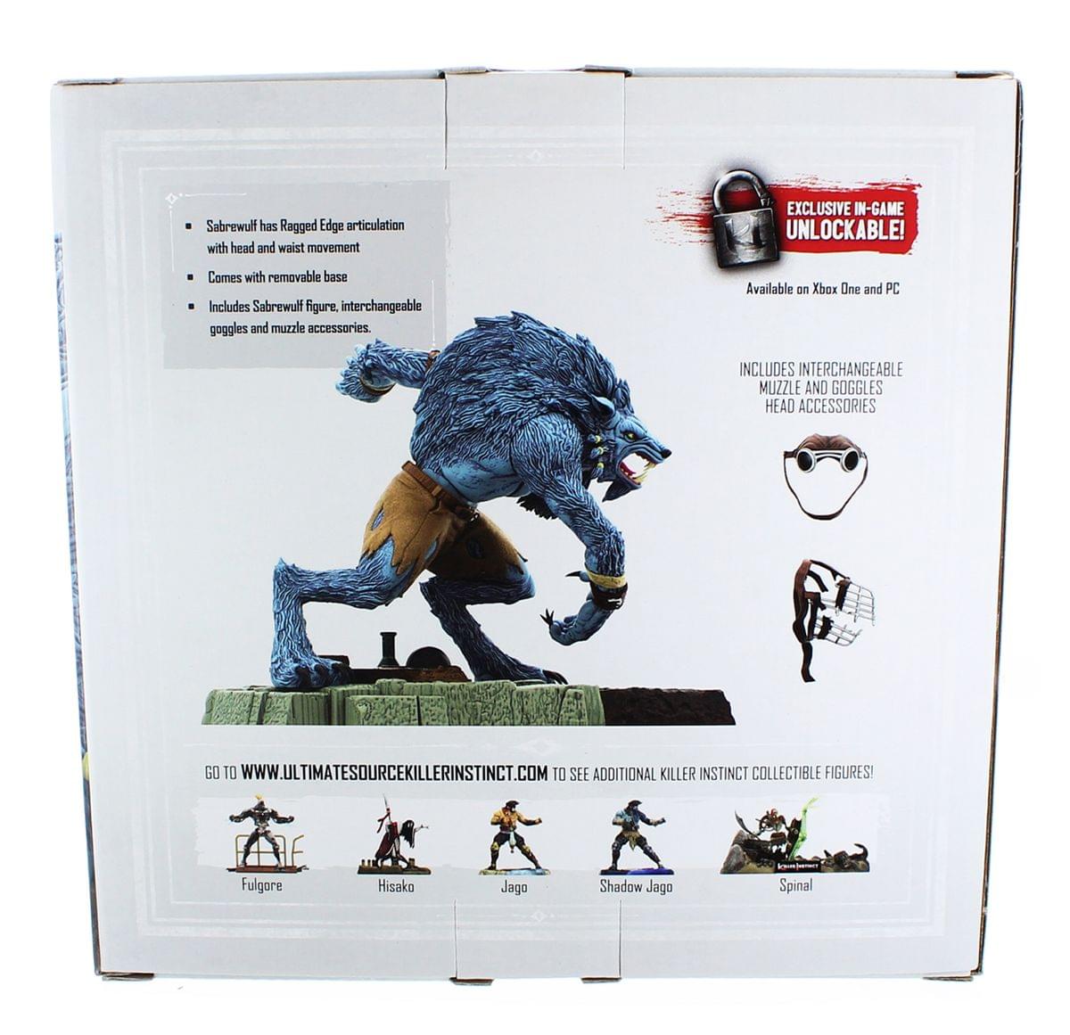 Sabrewulf has Ragged Edge articulation with head and waist movement. EXCLUSIVE IN-GAME UNLOCKABLE! Comes with removable base. Includes Sabrewulf figure, interchangeable goggles and muzzle accessories. Available on Xbox One and PC. INCLUDES INTERCHANGEABLE MUZZLE AND GOGGLES HEAD ACCESSORIES. GO TO WWW.ULTIMATESOURCEKILLERINSTINCT.COM TO SEE ADDITIONAL KILLER INSTINCT COLLECTIBLE FIGURES! Fulgore, Hisako, Jago, Shadow Jago, Spinal