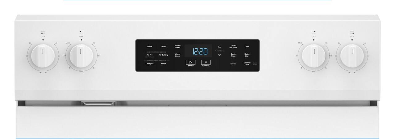 Sure, here is the corrected and grouped text from the image:

**Top Control Panel:**
- Left Knob: OFF, Lo, 1, 2, 3, 4, 5, 6, 7, 8, Hi
- Right Knob: OFF, Lo, 1, 2, 3, 4, 5, 6, 7, 8, Hi

**Digital Display:**
- Bake
- Broil
- Steam
- 12:20
- Warm
- Air Fry
- Air Baking
- Convection Baking
- Convection Roasting
- Air Fry
- Air Baking
- Pizza
- Leakage

**Buttons:**
- START
- CANCEL

**Right Control Panel:**
- Timer Off
- Timer Start
- Cook Time
- Delay Start
- Light
- Clock
- Control Lock
- Cancel

**Bottom Control Panel:**
- Left Knob: OFF, Lo, 1, 2, 3, 4, 5, 6, 7, 8, Hi
- Right Knob: OFF, Lo, 1, 2, 3,
