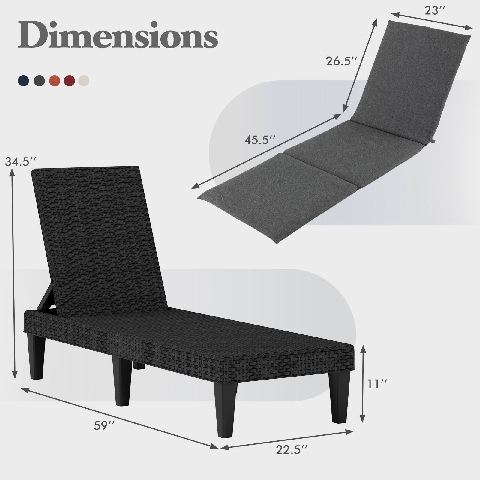 Dimensions: 26.5" x 23" x 45.5" x 34.5" x 11" x 59" x 22.5"
