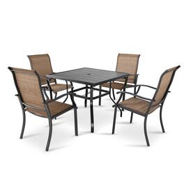 Nuu Garden - Outdoor 5-Piece Iron Dining Set, 4 Textilene Dining Chairs and 37 Inch Square Dining Table with Umbrella Hole - Black and Brown